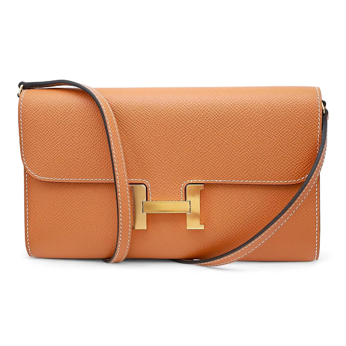 Hermes Constance To Go Brown Leather Crossbody Wallet with Gold Tone Hardware: Hermes Constance To Go Brown Leather Crossbody Wallet with Gold Tone Hardware The Hermes Toffee Epsom Constance-To-Go is a crossbody wallet crafted in brown leather with a gold tone buckle snap flap c