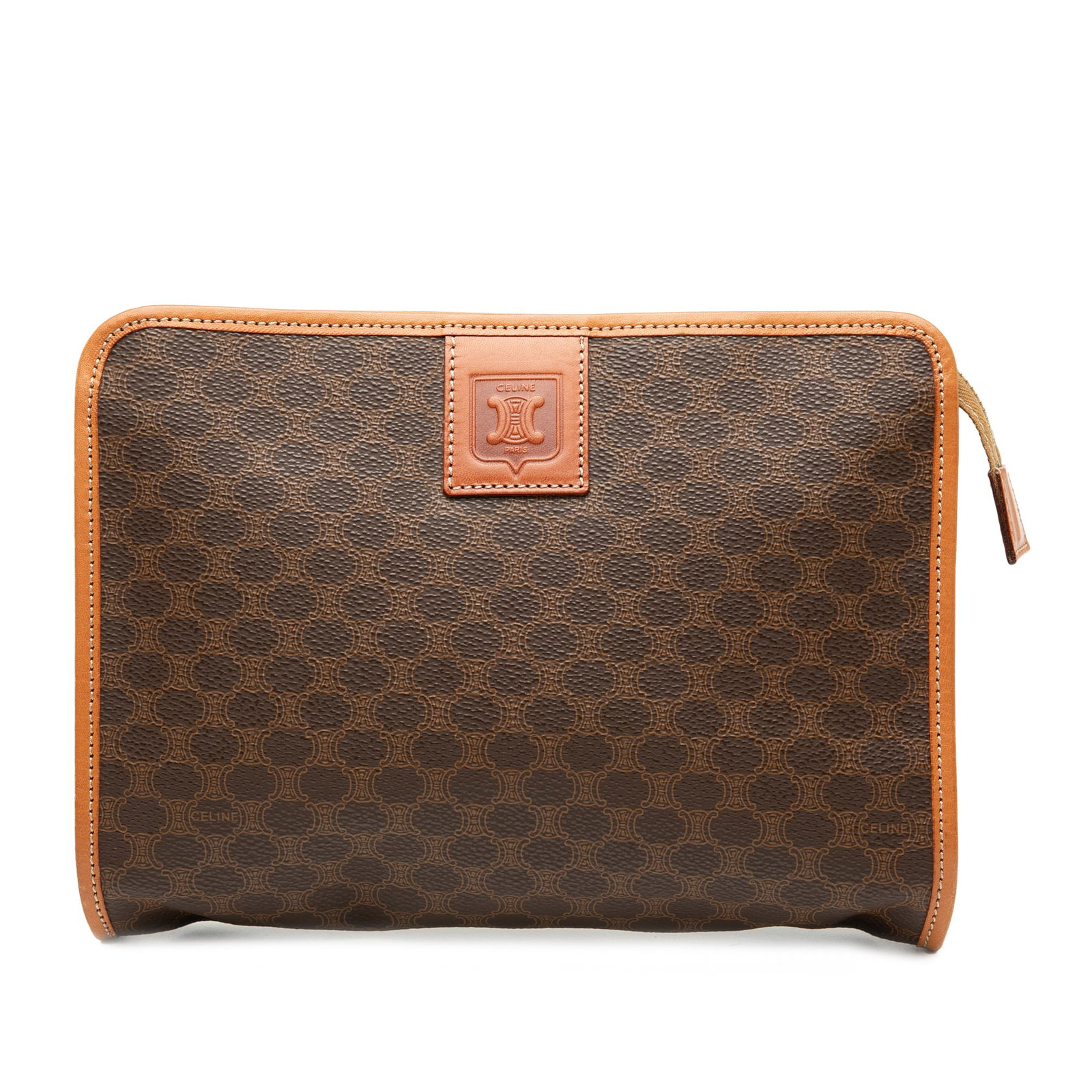 Celine Macadam Brown Coated Canvas Clutch with Leather Trim: Celine Macadam Brown Coated Canvas Clutch with Leather Trim This Celine Macadam clutch features a coated canvas exterior with leather trim and a top zip closure. The bag is brown and crafted in Italy.