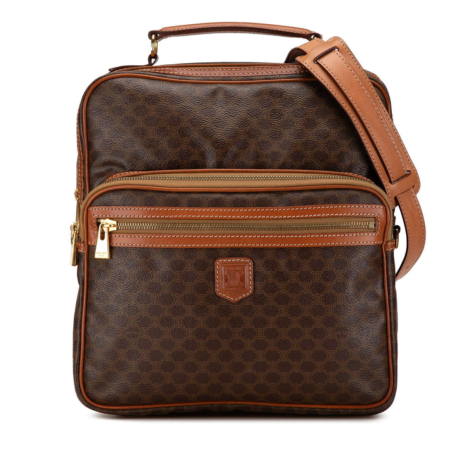 Celine Macadam Satchel Brown Coated Canvas with Leather Trim: Celine Macadam Satchel Brown Coated Canvas with Leather Trim The Celine Macadam Satchel is a stylish and functional accessory, crafted from coated canvas with luxurious leather trim. This bag features