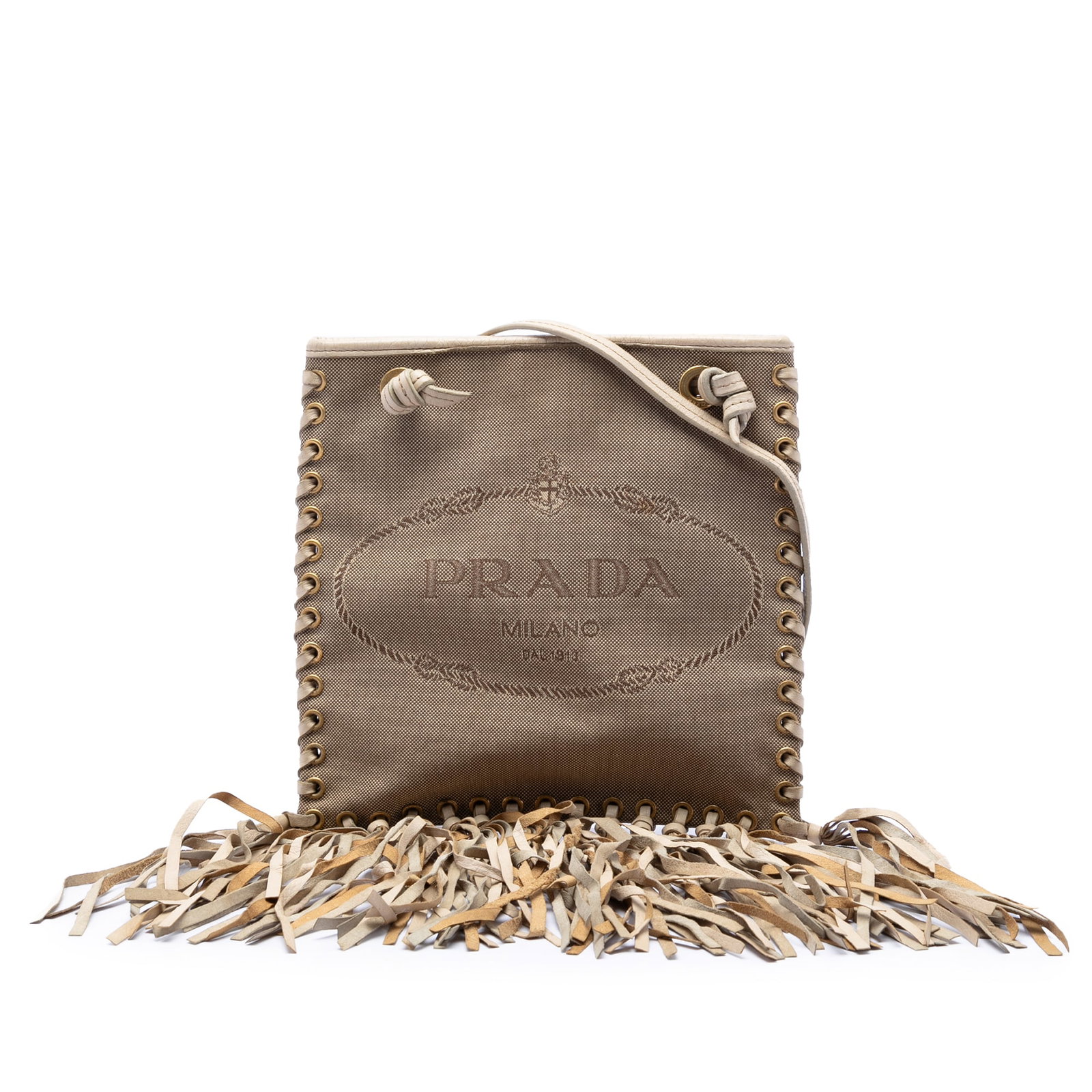 Prada Canapa Logo Crossbody Bag with Leather Trim and Fringe: Prada Canapa Logo Crossbody Bag with Leather Trim and Fringe This Prada Canvas and Leather Fringed Canapa Logo Crossbody bag features a beige canvas body with leather trim and fringe details, compleme