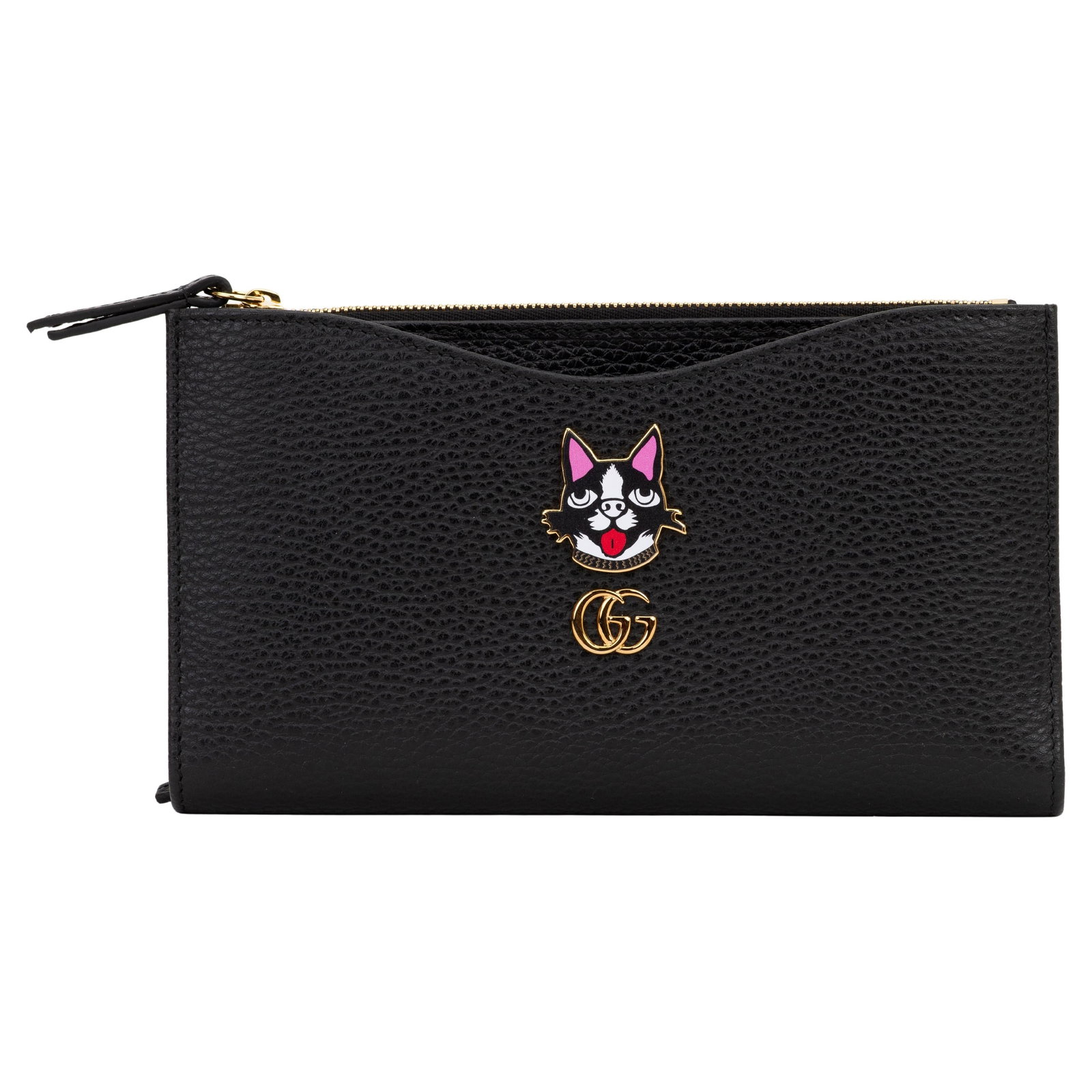 Gucci Marmont Black Leather Clutch with Bosco Cat Design: Gucci Marmont Black Leather Clutch with Bosco Cat Design This Gucci Marmont Leather Clutch is a stylish and functional accessory crafted from high-quality black leather. It features a removable card i