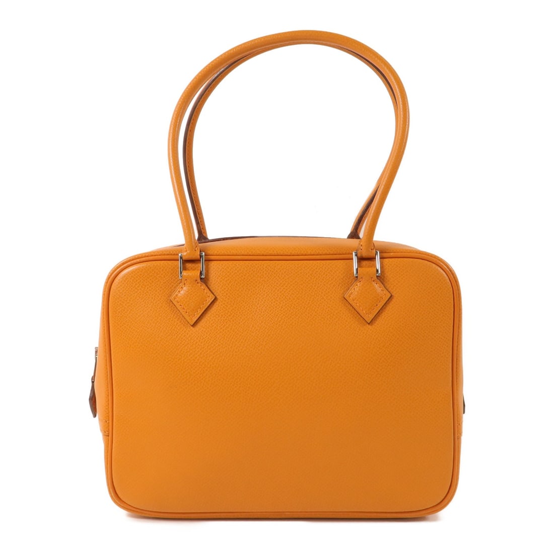 Hermes Mini Plume Orange Epsom Leather Handbag PHW: Hermes Mini Plume Orange Epsom Leather Handbag PHW This Hermes Mini Plume handbag is crafted from Epsom calfskin leather in a vibrant orange hue. Designed for women, it features a compact silhouette w
