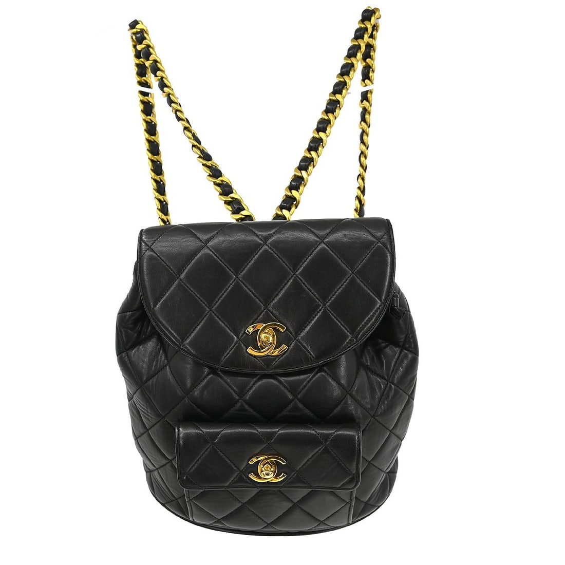 Black Quilted Leather Chanel Duma Backpack with Drawstring Closure: Black Quilted Leather Chanel Duma Backpack with Drawstring Closure This Chanel Duma Drawstring Backpack features a classic quilted leather design in black. Designed for women, it showcases the iconic 