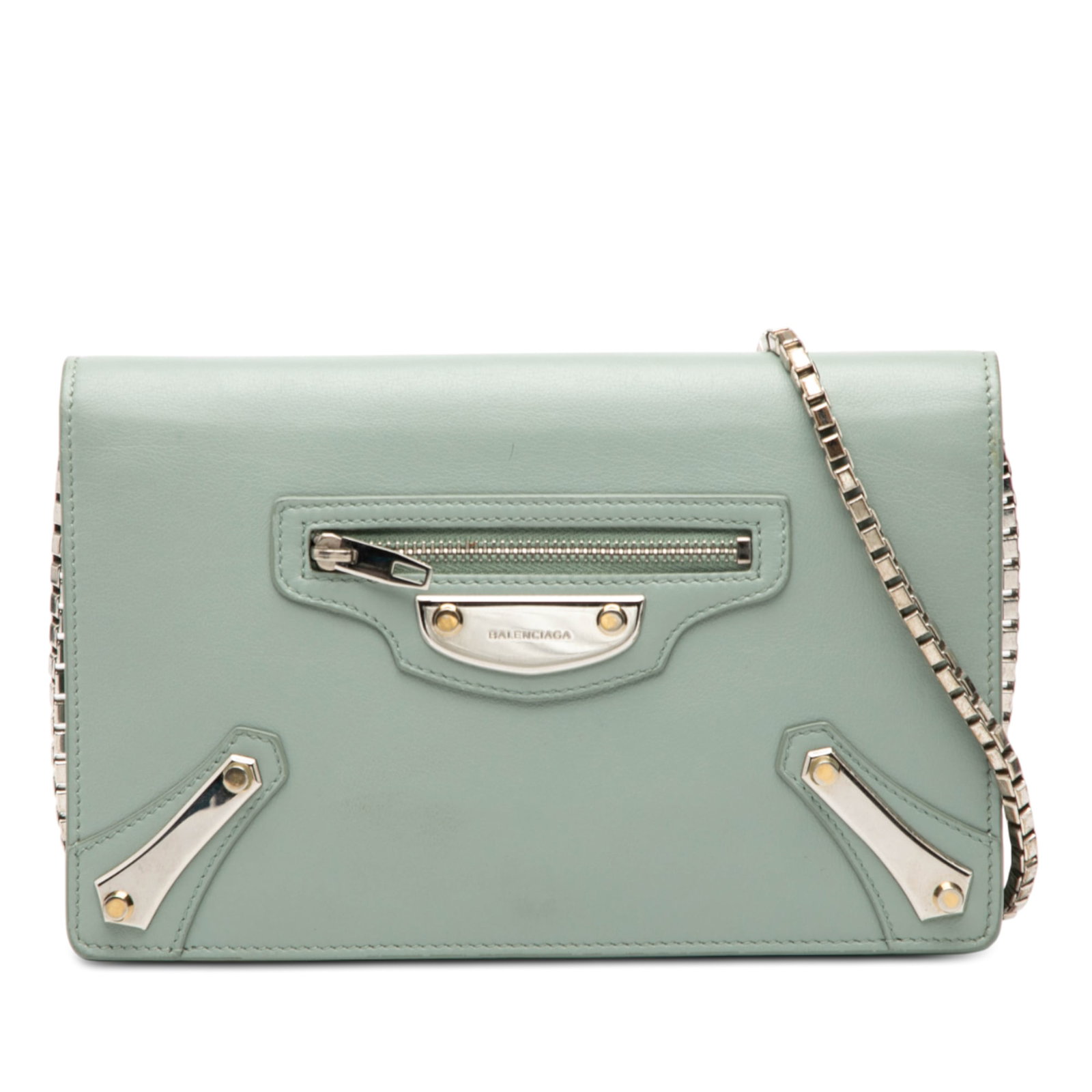 Balenciaga City Wallet on Chain Green Leather with Metal Plate Detail: Balenciaga City Wallet on Chain Green Leather with Metal Plate Detail This Balenciaga Leather Metal Plate City Wallet on Chain is crafted from green leather and features metal plate hardware. The desi