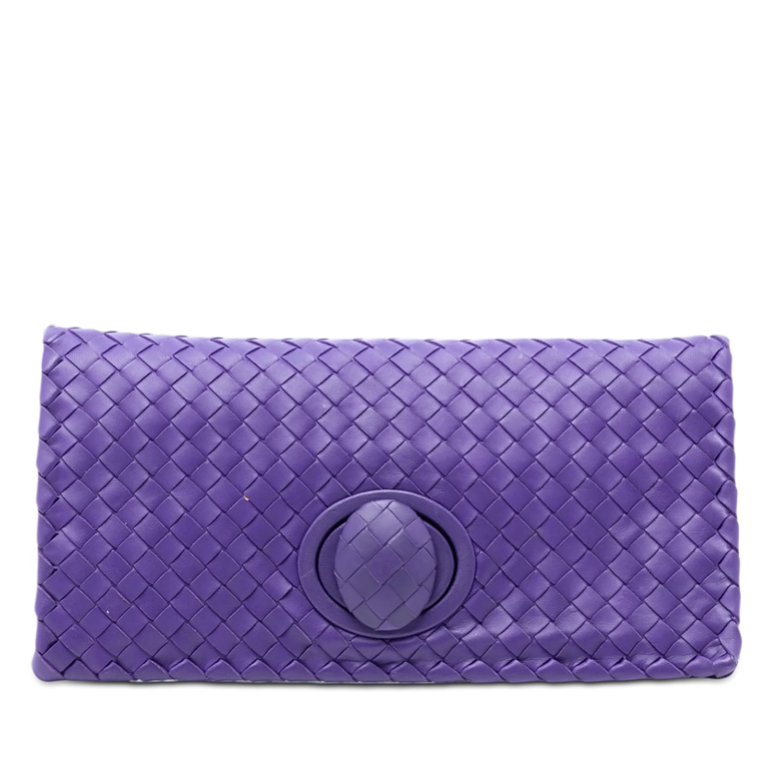 Purple Nappa Leather Woven Clutch with Turn Lock by Bottega Veneta: Purple Nappa Leather Woven Clutch with Turn Lock by Bottega Veneta This Bottega Veneta clutch features a woven nappa leather exterior in purple with a front flap and turn lock closure. The design incl