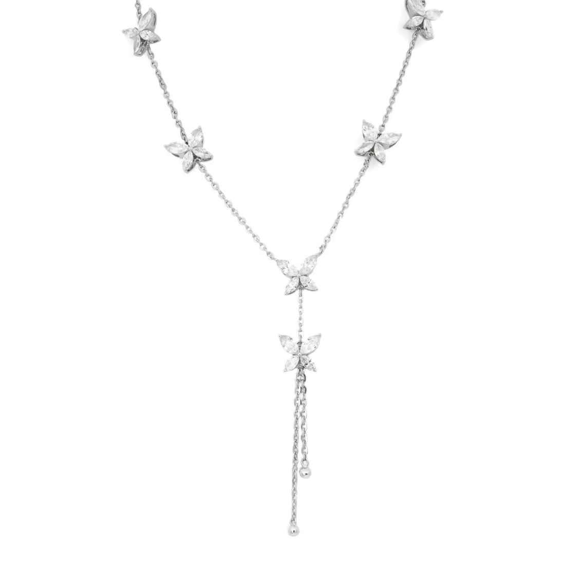 Lariat Necklace with Marquise Lab Diamonds in 14K White Gold by Rachel Koen: Lariat Necklace with Marquise Lab Diamonds in 14K White Gold by Rachel Koen This Rachel Koen lariat necklace is crafted from high-polish 14k white gold and features prong-set, marquise-cut lab grown d