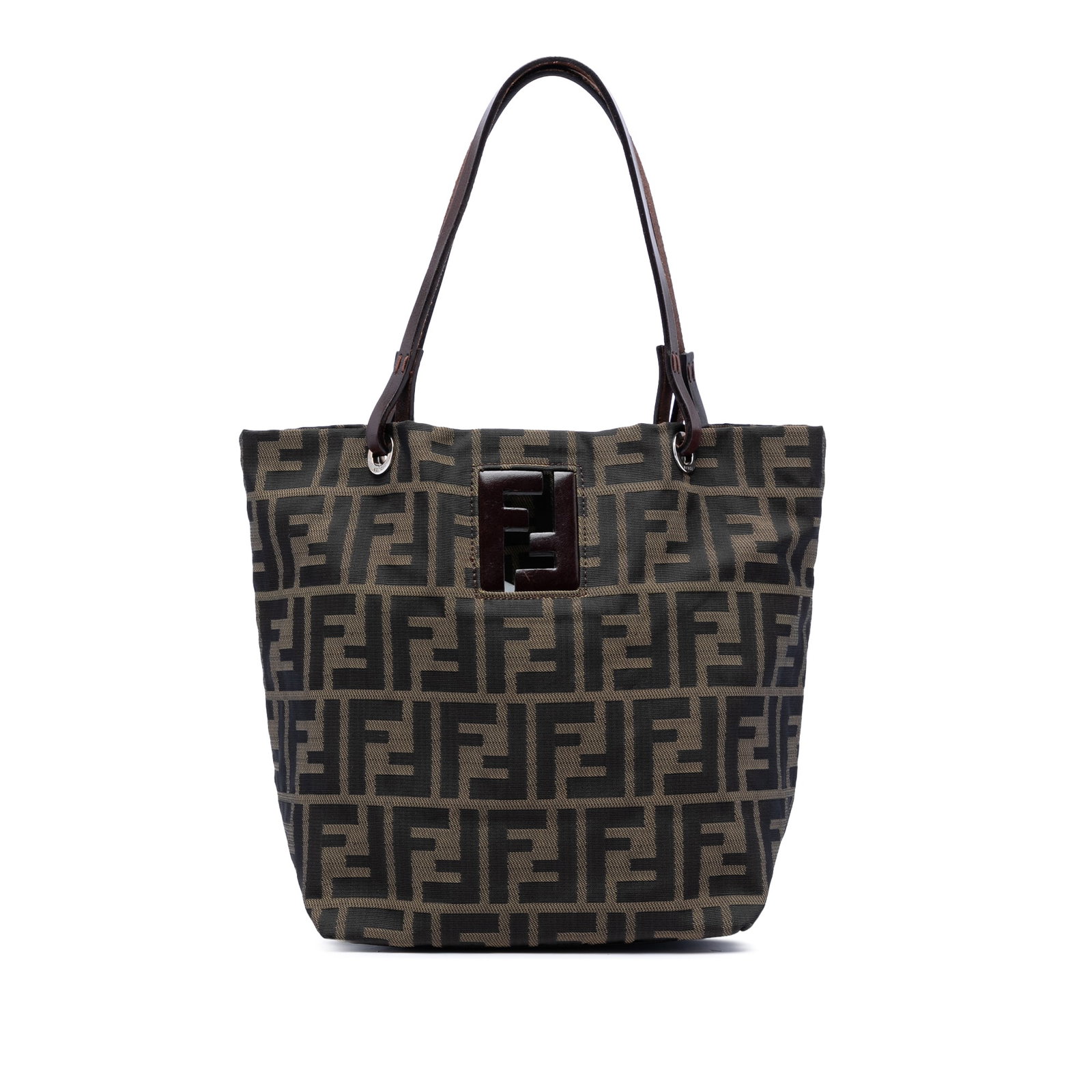 Brown Canvas Tote with Leather Handles by Fendi Zucca Collection: Brown Canvas Tote with Leather Handles by Fendi Zucca Collection This Fendi Zucca Canvas Handbag features a durable canvas body with flat leather handles. The bag has an open top design and is equippe