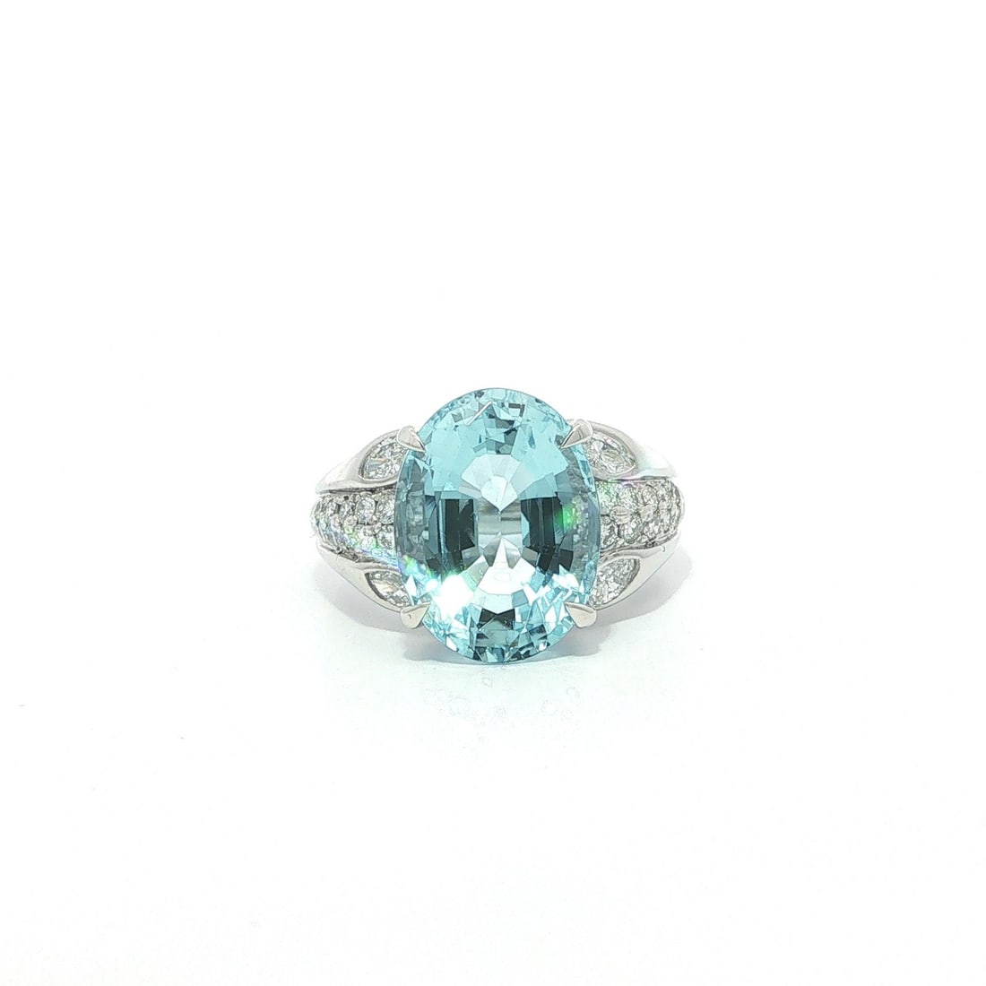 Platinum Aquamarine Diamond Cocktail Ring Size 6 Oval 6.95ctw: Platinum Aquamarine Diamond Cocktail Ring Size 6 Oval 6.95ctw This elegant platinum cocktail ring features a stunning natural oval brilliant cut aquamarine as its centerpiece, weighing 6.35 carats and