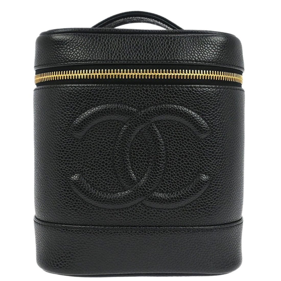 Black Caviar Leather CHANEL Timeless Vanity Bag with Top Handle: Black Caviar Leather CHANEL Timeless Vanity Bag with Top Handle This Chanel Timeless Vanity handbag is crafted from black caviar skin leather with a top handle design. It features a zipper closure, in