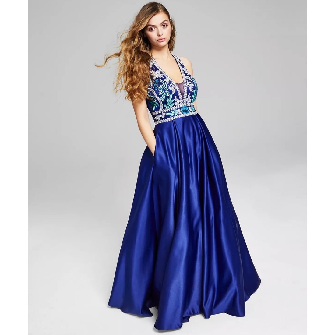 Blondie Nites Royal Blue Juniors' Embroidered Satin Ball Gown Dress: Blondie Nites Royal Blue Juniors' Embroidered Satin Ball Gown Dress Make a stunning entrance at your next formal event with this exquisite Juniors' Embroidered Satin Ball Gown Dress in royal blue. Fea