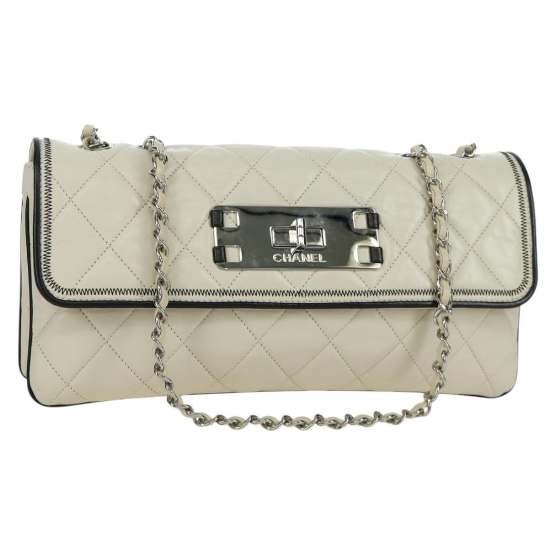 Ivory Lambskin CHANEL Matelasse 2.55 Shoulder Bag with Chain and CC Logo: Ivory Lambskin CHANEL Matelasse 2.55 Shoulder Bag with Chain and CC Logo This CHANEL Matelasse 2.55 shoulder bag is crafted from ivory lambskin leather with silver-tone accents. Designed for women, it