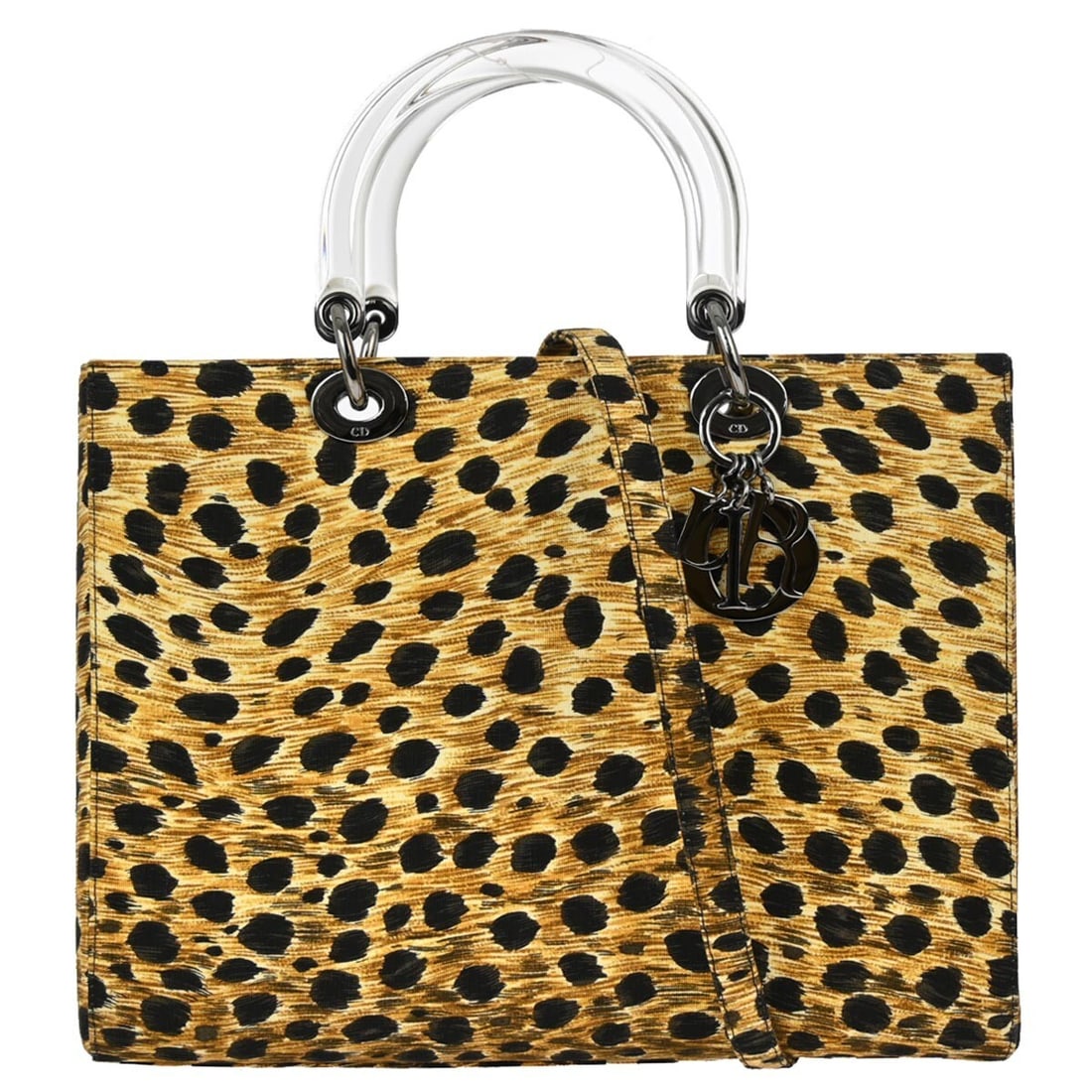 Lady Dior Large Yellow Cheetah Canvas Satchel with Double Handles and Strap: Lady Dior Large Yellow Cheetah Canvas Satchel with Double Handles and Strap This Christian Dior Lady Dior 2-way handbag features a striking yellow cheetah print on canvas, complemented by double handl