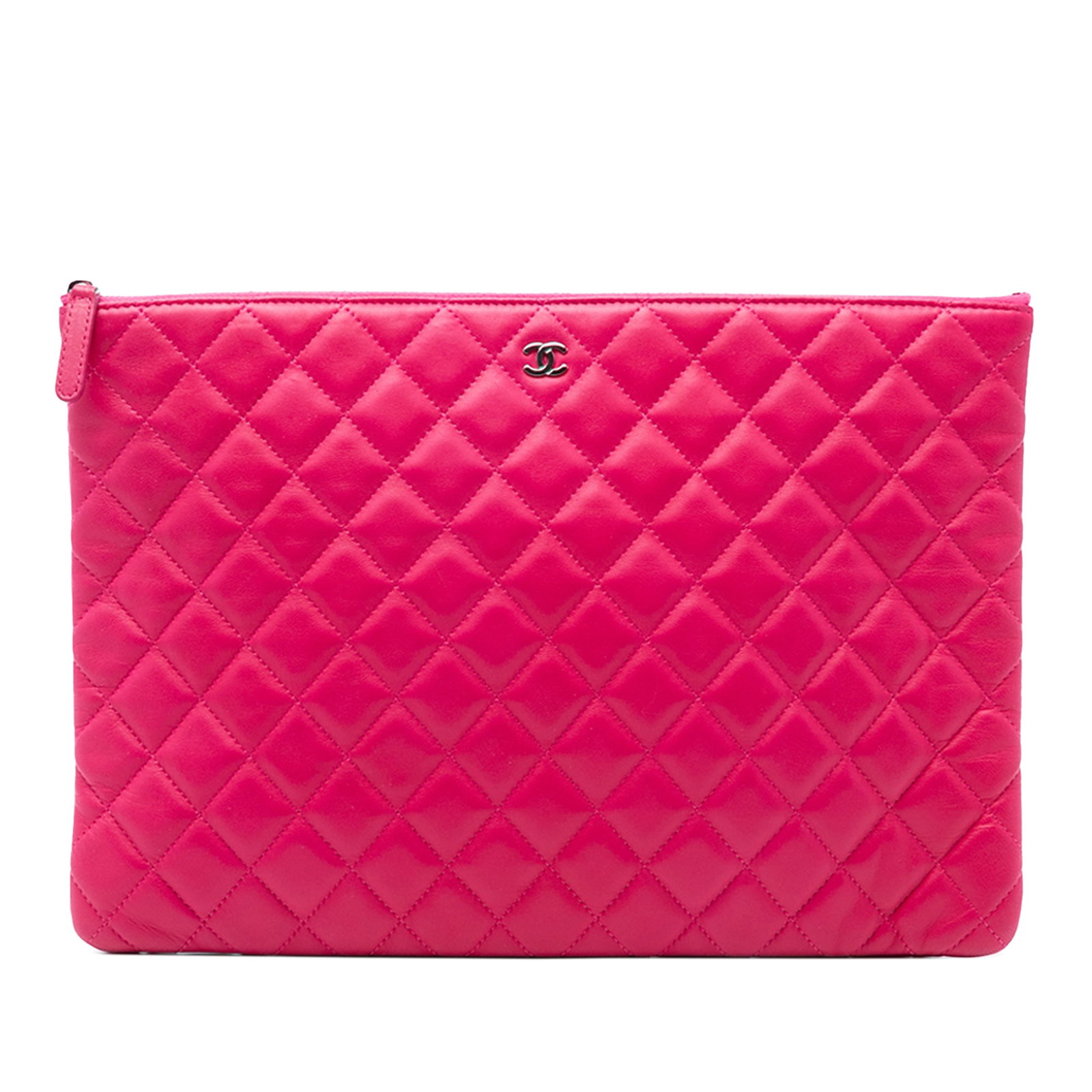 Pink Chanel O Case Quilted Lambskin Leather Large Clutch Bag: Pink Chanel O Case Quilted Lambskin Leather Large Clutch Bag This Chanel Large Quilted Lambskin O Case Clutch features a pink quilted lambskin leather body with a top zip closure. The clutch shows som