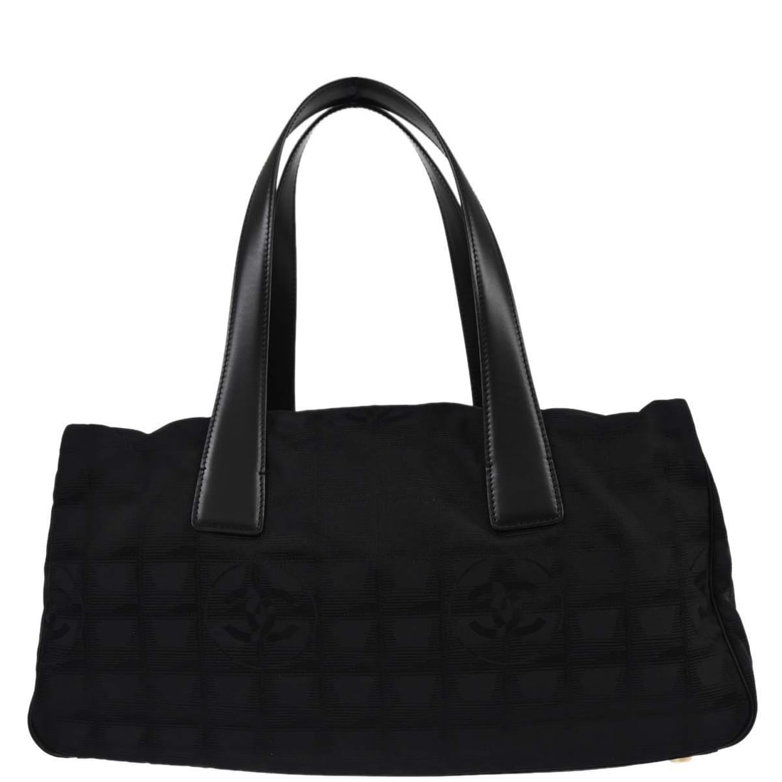 Chanel Travel Line Black Jacquard Nylon Medium Tote Bag: Chanel Travel Line Black Jacquard Nylon Medium Tote Bag This Chanel Travel Line tote handbag features a black jacquard nylon exterior with leather accents, offering both durability and style. Designed