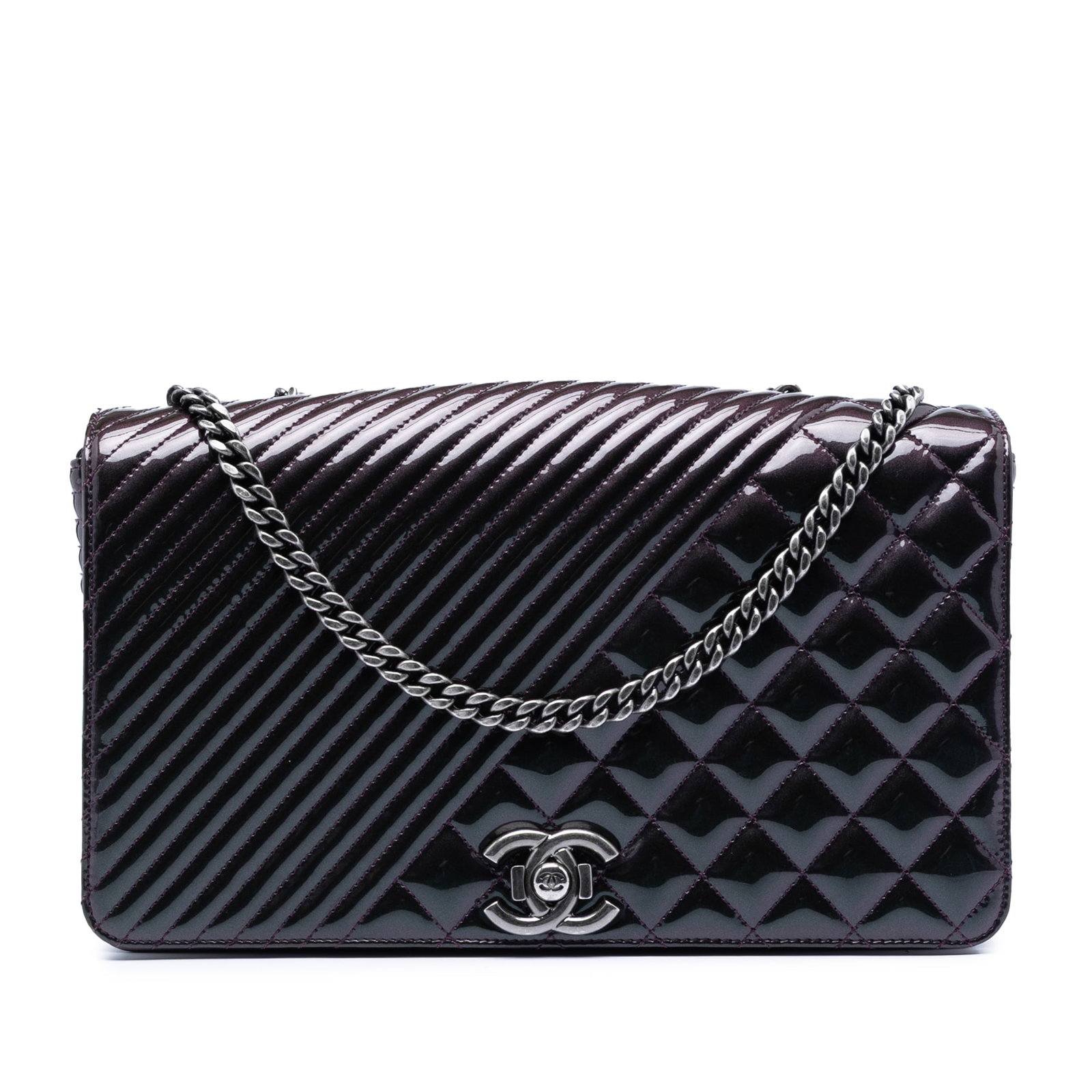 Chanel Coco Boy Purple Patent Quilted Leather Large Flap Shoulder Bag: Chanel Coco Boy Purple Patent Quilted Leather Large Flap Shoulder Bag This Chanel Large Quilted Patent Coco Boy Flap Bag features a purple quilted patent leather body, leather-woven chain straps, a fr