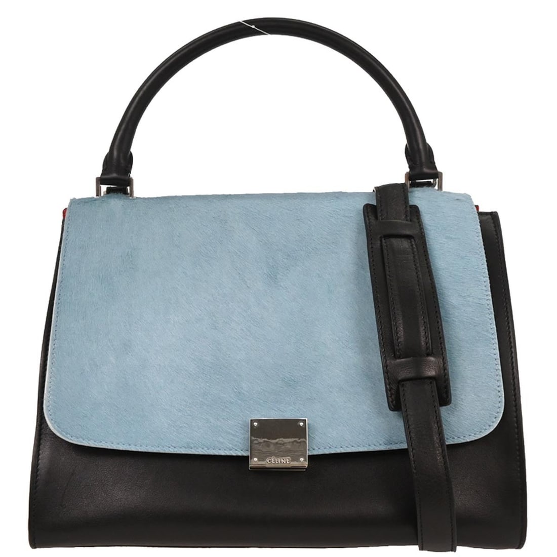 Celine Trapeze Blue Pony Hair Leather Large Two Way Shoulder and Top Handle Bag: Celine Trapeze Blue Pony Hair Leather Large Two Way Shoulder and Top Handle Bag This Celine Trapeze handbag features a striking tricolor design in blue with a mix of leather and pony hair exterior. De