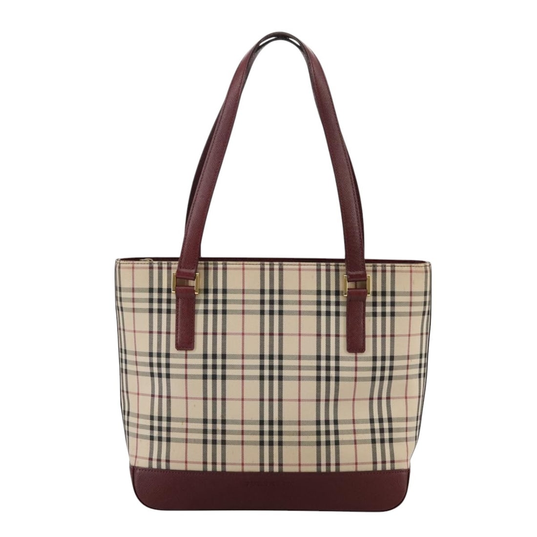 Nova Check Beige Canvas Tote with Leather Trim by Burberry: Nova Check Beige Canvas Tote with Leather Trim by Burberry This Burberry Nova Check Tote features the iconic beige canvas with leather accents, designed for female use. The bag exhibits surface rubbin