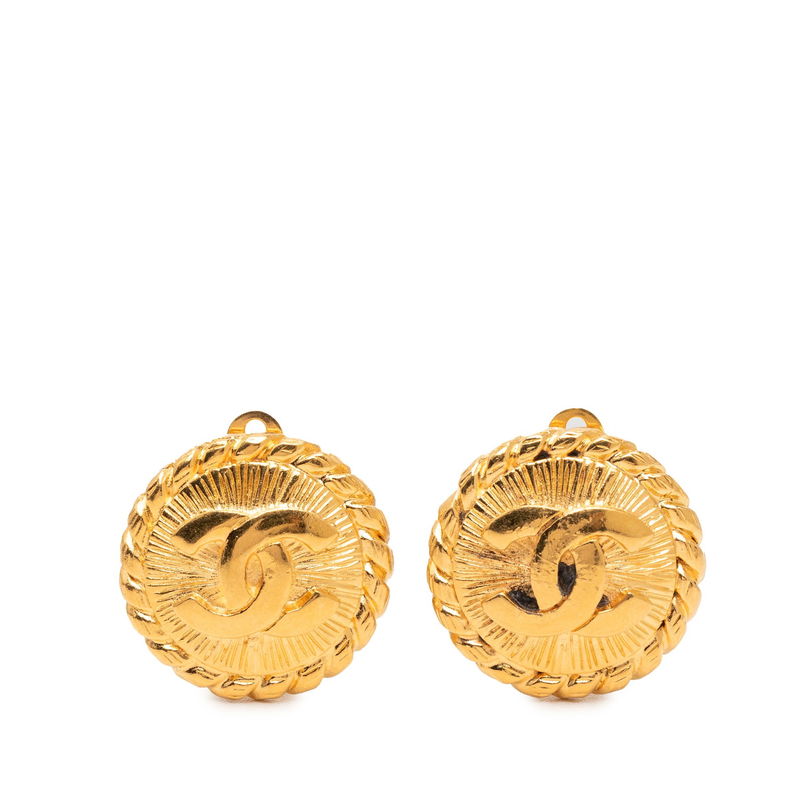 Chanel CC Logo Gold Plated Metal Round Clip On Earrings: Chanel CC Logo Gold Plated Metal Round Clip On Earrings These Chanel earrings feature round gold-plated metal bodies with classic CC logos and clip-on closures. Designed as costume jewelry, they offer
