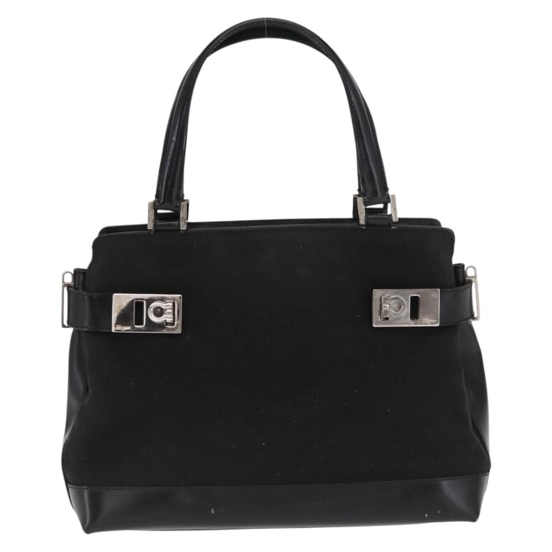 Black Canvas Tote with Side Buckle Salvatore Ferragamo Double Gancini: Black Canvas Tote with Side Buckle Salvatore Ferragamo Double Gancini This Salvatore Ferragamo Double Gancini Side Buckle Tote is crafted from black canvas and features distinctive side buckles. Desig
