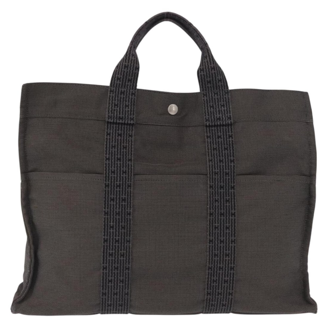 Hermes Herline Canvas Tote Bag Gray 43cm by 30cm by 10cm: Hermes Herline Canvas Tote Bag Gray 43cm by 30cm by 10cm Hermes Fourre-tout Herline tote bag in gray canvas designed for women. The exterior shows signs of wear including deformation, rubbing, and sli