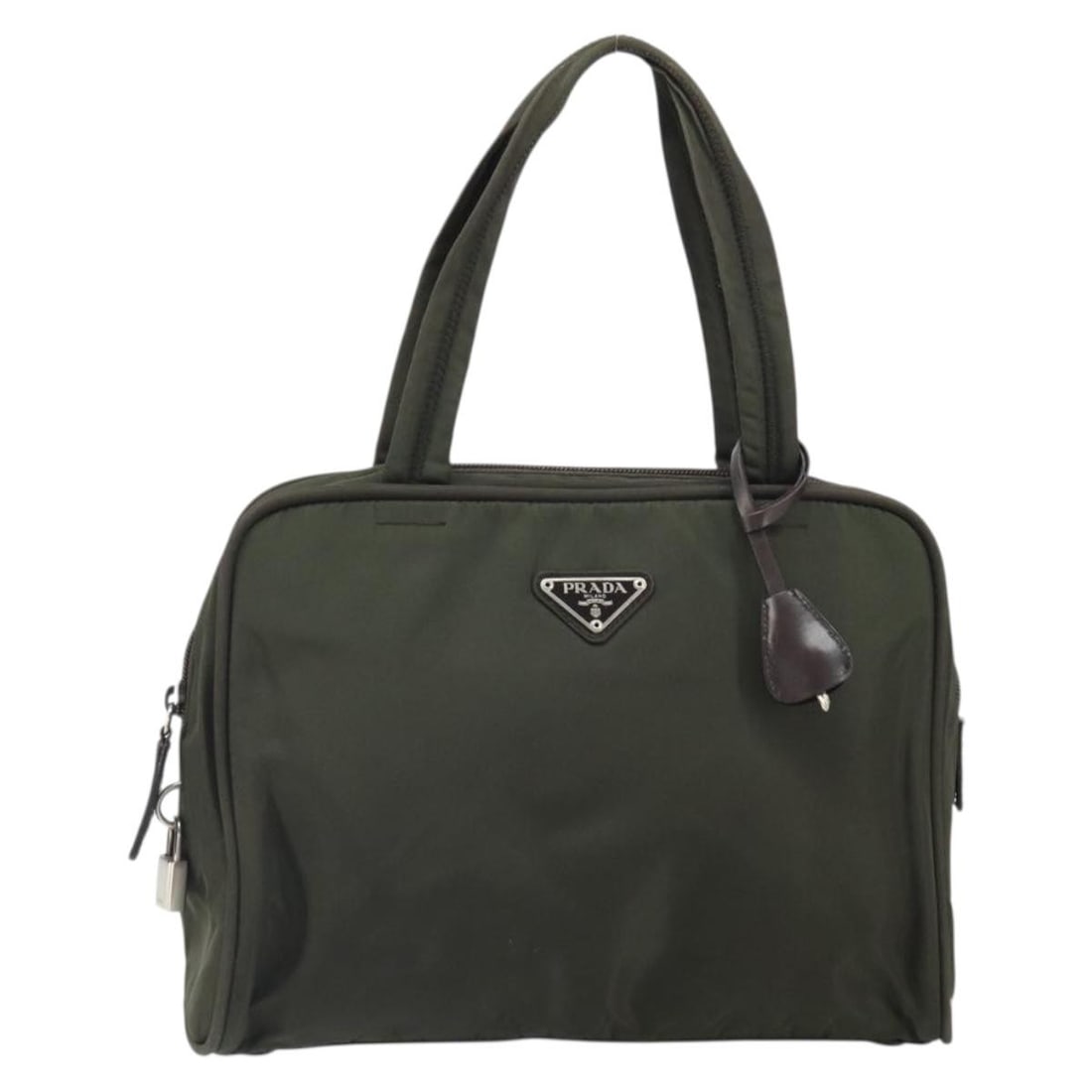 Prada Nylon Zip Around Tote Bag in Khaki with 28cm Dimensions: Prada Nylon Zip Around Tote Bag in Khaki with 28cm Dimensions This Prada Zip Around Tote for women features a khaki nylon exterior with zip-around closure. The bag shows signs of wear including surfac