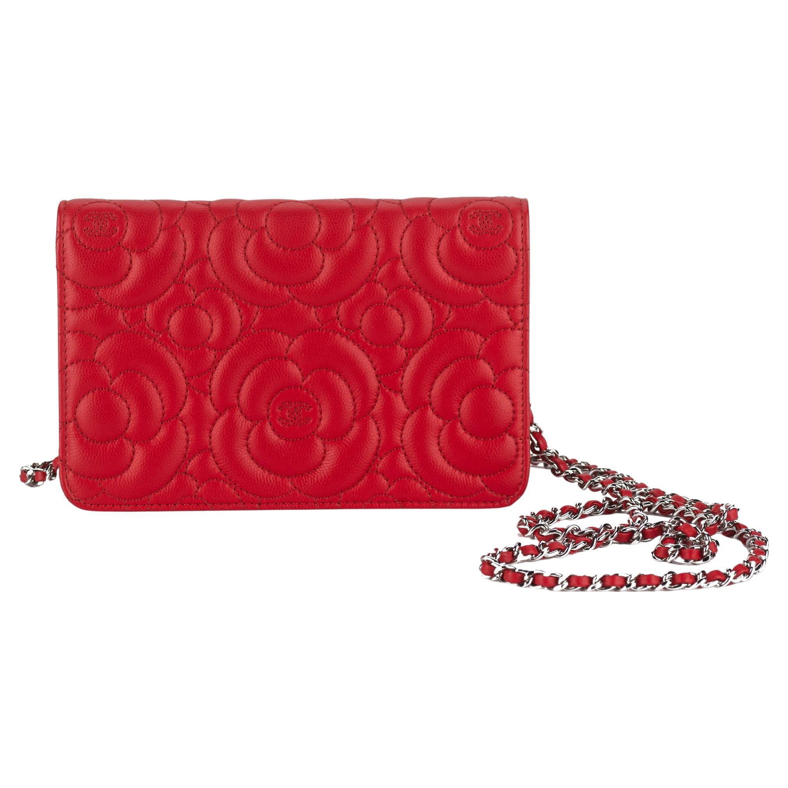 Chanel Caviar Camellia Wallet on Chain Red with Gold Strap: Chanel Caviar Camellia Wallet on Chain Red with Gold Strap Elevate your style with this Chanel Caviar Camellia Wallet on Chain. Crafted in Italy, this exquisite accessory features a vibrant red Camell
