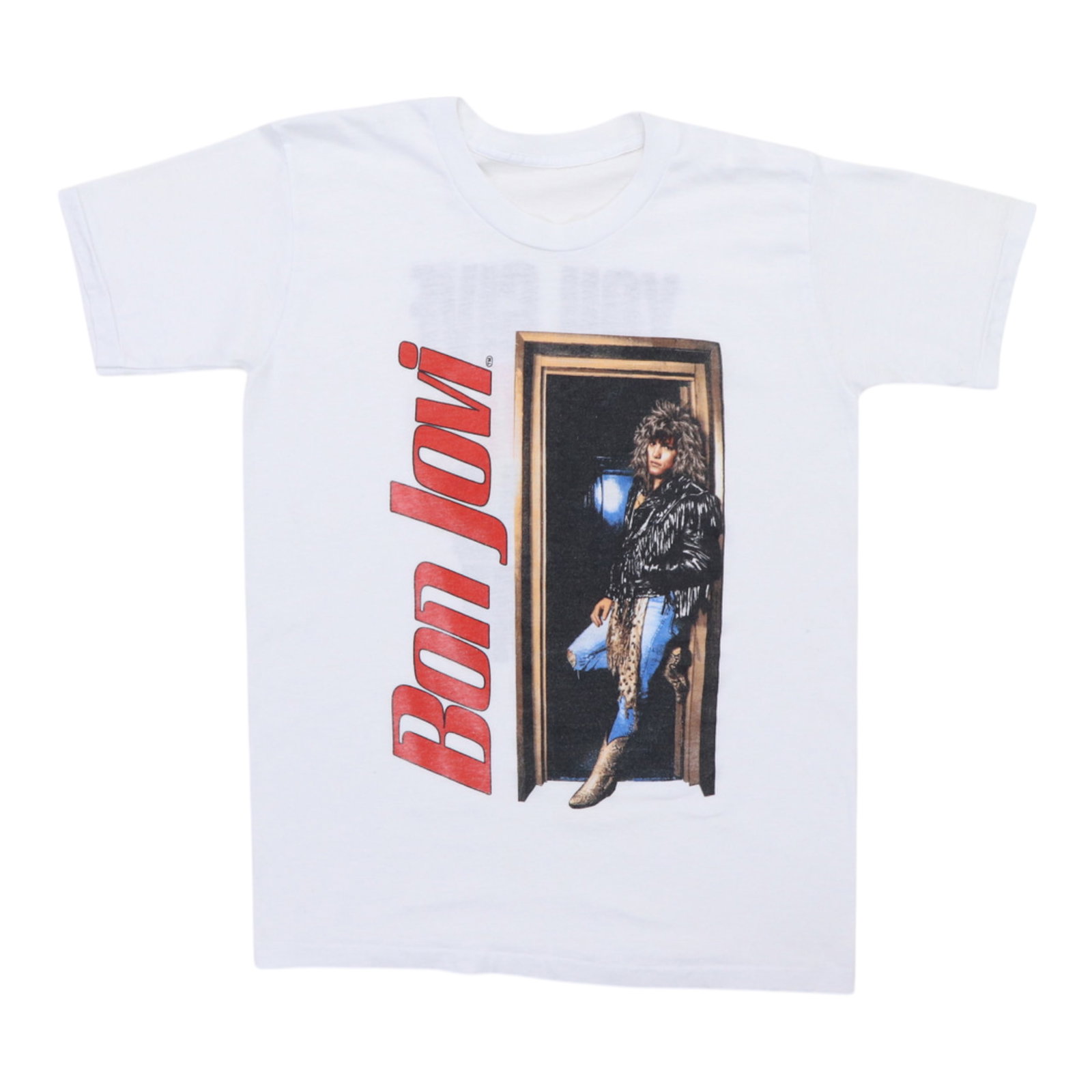 Vintage 1980s Bon Jovi Poly Cotton White Band Shirt with Front and Back Graphics: Vintage 1980s Bon Jovi Poly Cotton White Band Shirt with Front and Back Graphics This is an original vintage 1980s Bon Jovi "You Give Love A Bad Name" shirt featuring graphics on both the front and ba