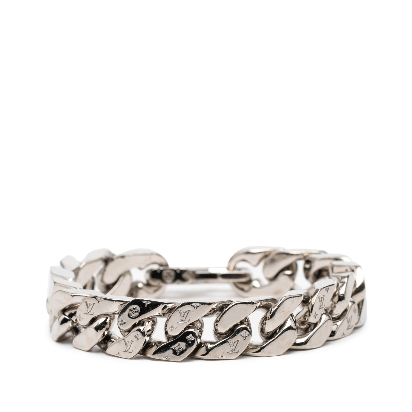 LV Chain Links Large Silver Tone Metal Bracelet by Louis Vuitton: LV Chain Links Large Silver Tone Metal Bracelet by Louis Vuitton This Louis Vuitton bracelet features a silver-tone metal design with chain links and a lobster clasp closure. The bracelet is in pre-ow