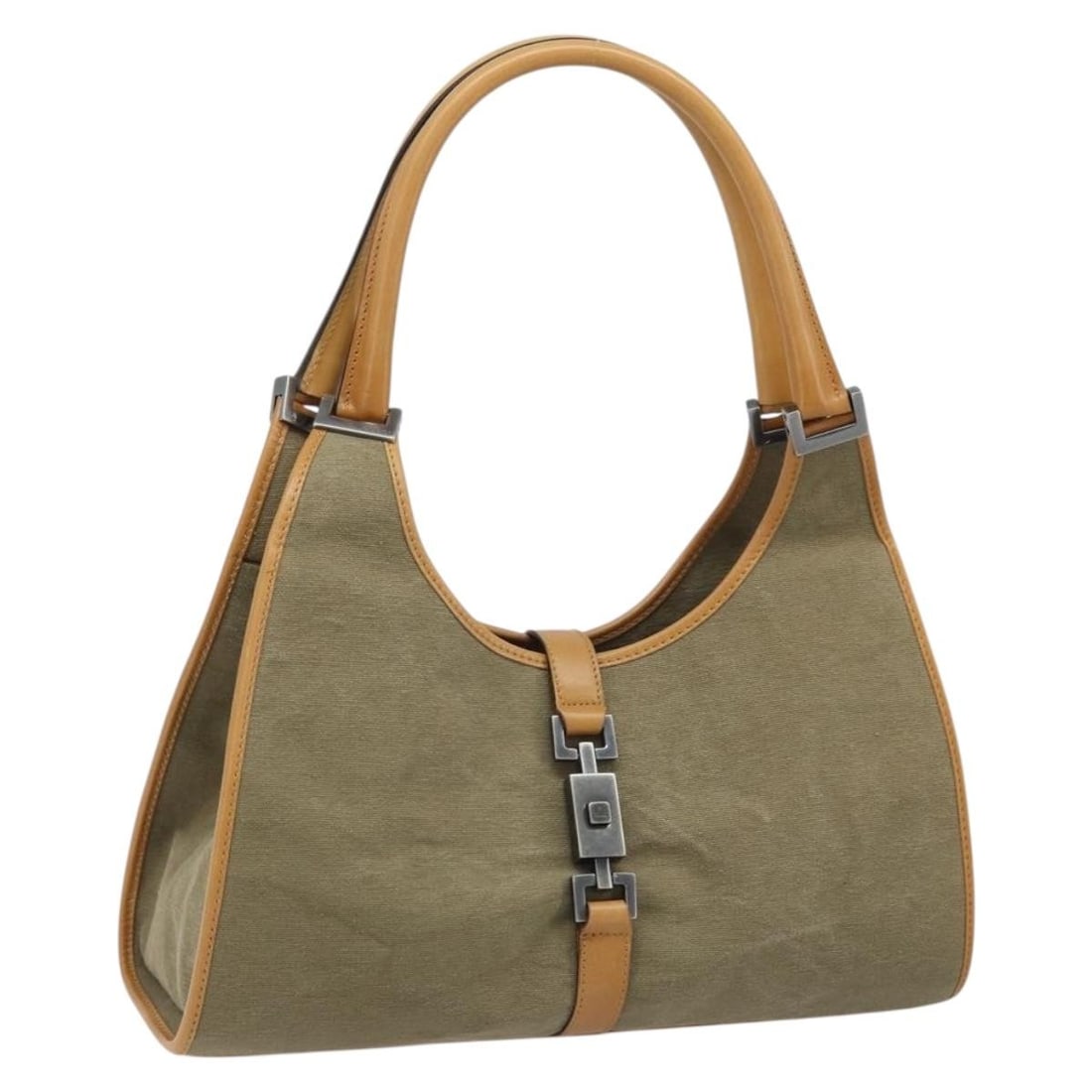 Gucci Jackie Canvas Beige Silver Handbag with Dust Bag: Gucci Jackie Canvas Beige Silver Handbag with Dust Bag This Gucci Jackie hand bag features a beige and silver canvas exterior with a classic silhouette. Designed for women, the bag offers a practical 