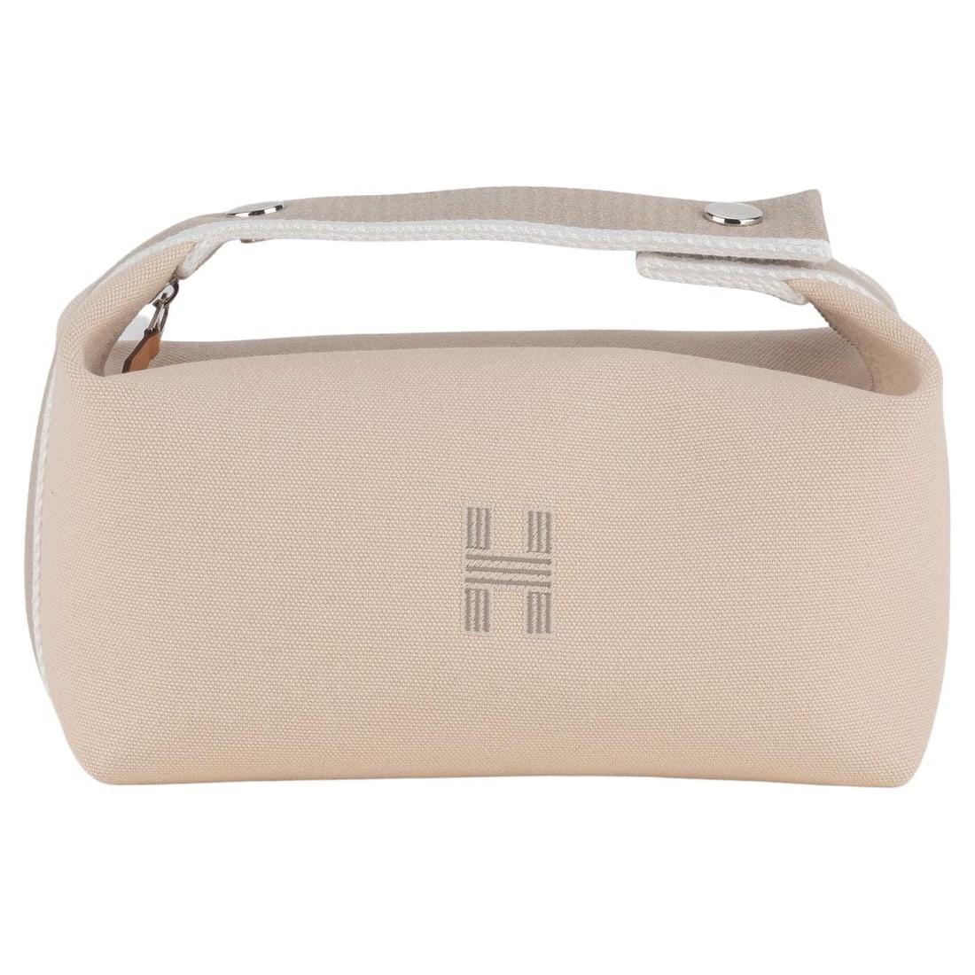 Hermes Beige Canvas Small Bride-A-Brac Pouch with Grey Stripe: Hermes Beige Canvas Small Bride-A-Brac Pouch with Grey Stripe This Hermes Canvas Small Bride-A-Brac Pouch is a stylish accessory crafted from high-quality beige canvas. It features a snap closure on t