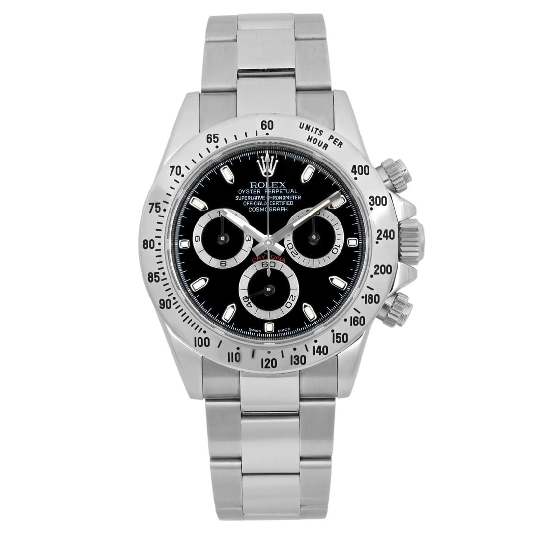 Rolex Daytona 116520 40mm Automatic Steel Watch Black Dial With Box and Papers: Rolex Daytona 116520 40mm Automatic Steel Watch Black Dial With Box and Papers Presenting the exquisite Rolex Cosmograph Daytona, a masterfully crafted 40mm stainless steel wristwatch designed for the