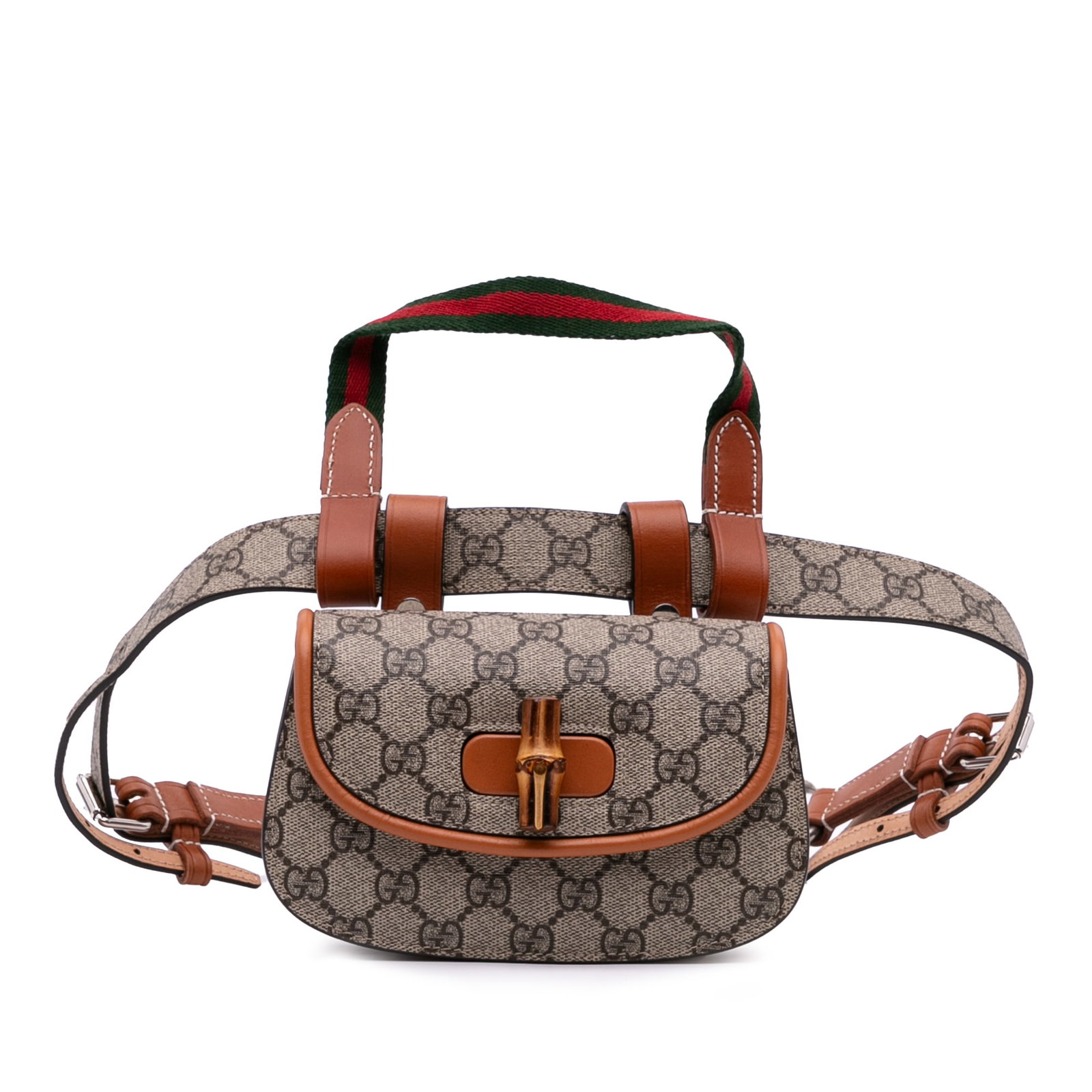 Gucci Mini GG Supreme Web Bamboo 1947 Belt Bag Brown Fabric: Gucci Mini GG Supreme Web Bamboo 1947 Belt Bag Brown Fabric The Gucci Mini GG Supreme Web Bamboo 1947 Belt Bag combines elegance and functionality. Crafted from durable coated canvas with leather trim
