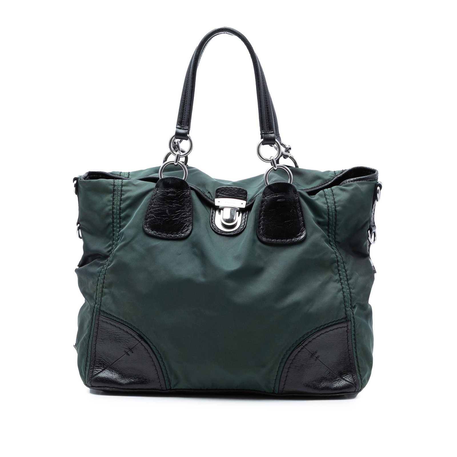 Prada Tessuto Convertible Satchel with Push Lock Closure in Green: Prada Tessuto Convertible Satchel with Push Lock Closure in Green This Prada Tessuto Push Lock Convertible Tote features a durable green nylon body with leather trim, flat leather handles, and a top f