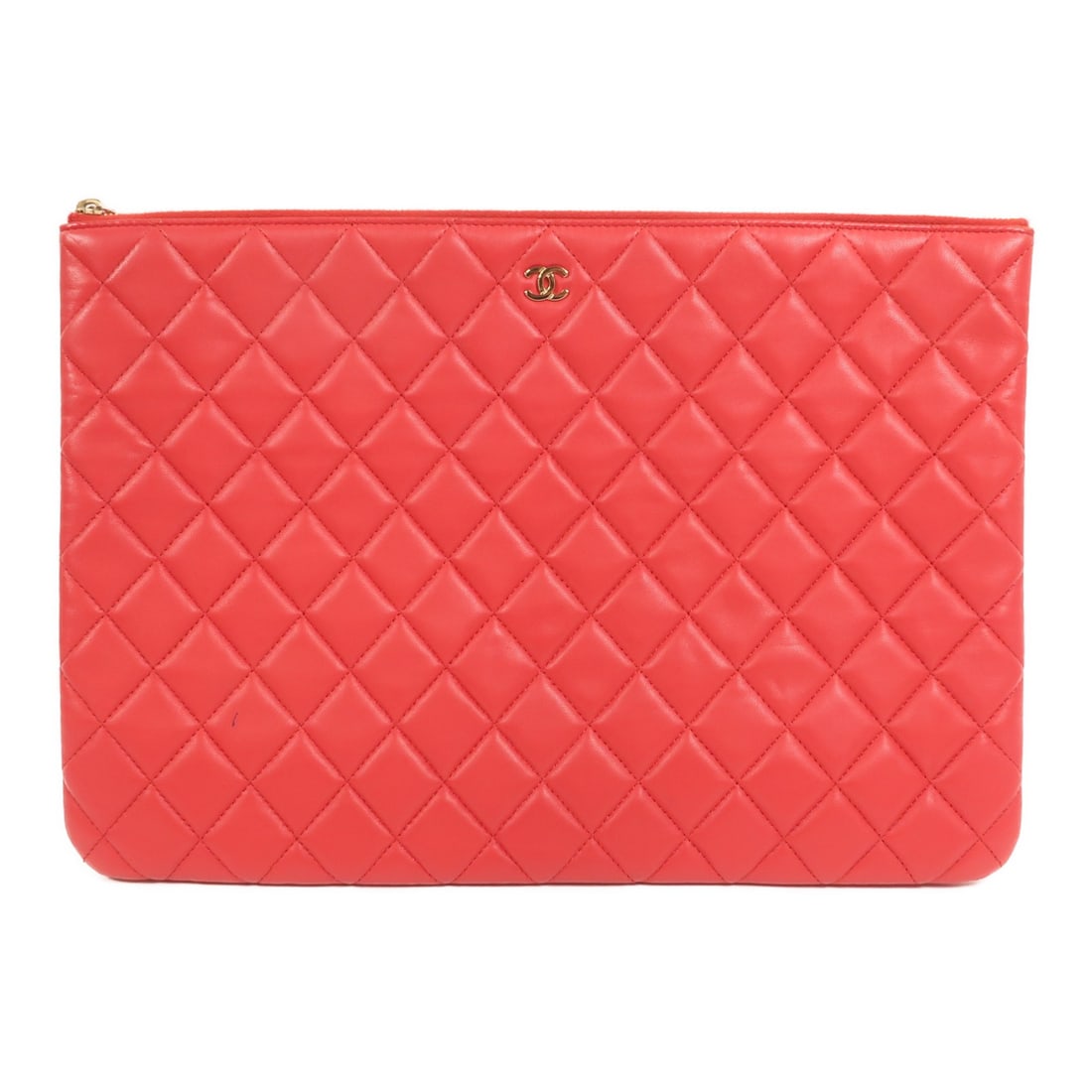 Chanel Lambskin Red Clutch Pouch with CC and Gold Hardware: Chanel Lambskin Red Clutch Pouch with CC and Gold Hardware This CHANEL clutch pouch features a red lambskin leather exterior and gold-tone hardware. Designed for women, it offers a sleek and elegant p