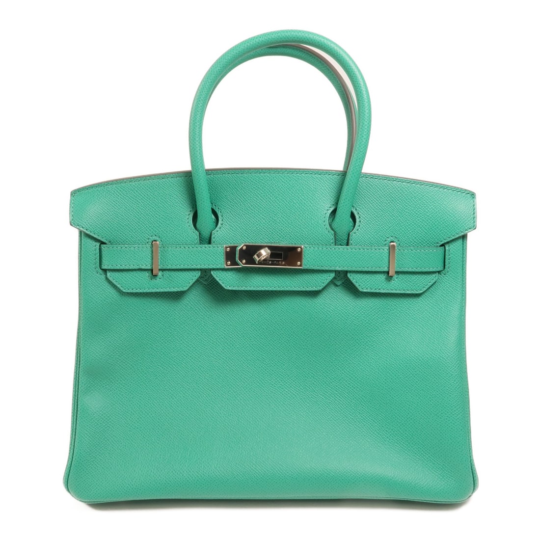 Birkin 30 Green Veau Epsom Leather Handbag with Palladium Hardware: Birkin 30 Green Veau Epsom Leather Handbag with Palladium Hardware This Hermes Birkin 30 handbag is crafted from Veau Epsom calfskin leather in Vert Jade, offering a sophisticated green hue. Designed 