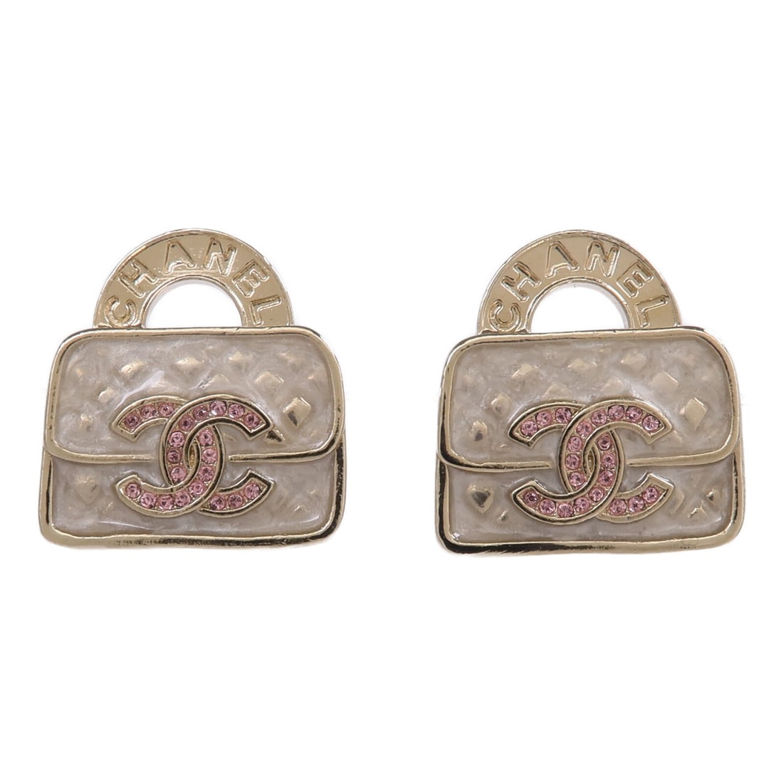 Chanel CC Logo Pierced Earrings Gold Pink White ABD344: Chanel CC Logo Pierced Earrings Gold Pink White ABD344 These CHANEL CC logo pierced earrings feature a stylish combination of gold, pink, and white tones. Crafted from metal with a gold finish, these 