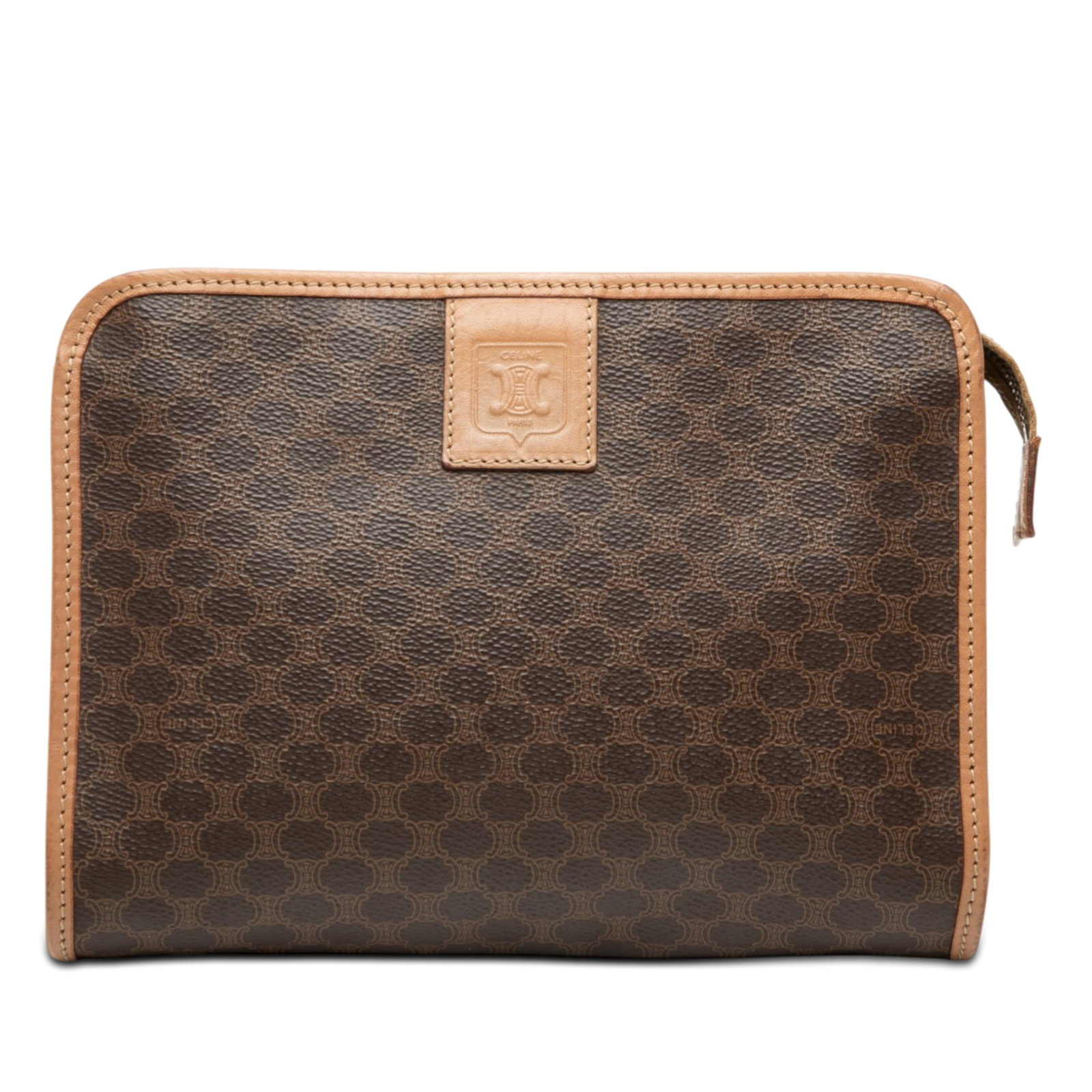 Celine Macadam Brown Coated Canvas Zip Clutch Bag with Leather Trim: Celine Macadam Brown Coated Canvas Zip Clutch Bag with Leather Trim This Celine Macadam clutch features a coated canvas body with leather trim and a top zip closure. The bag shows staining on the exte