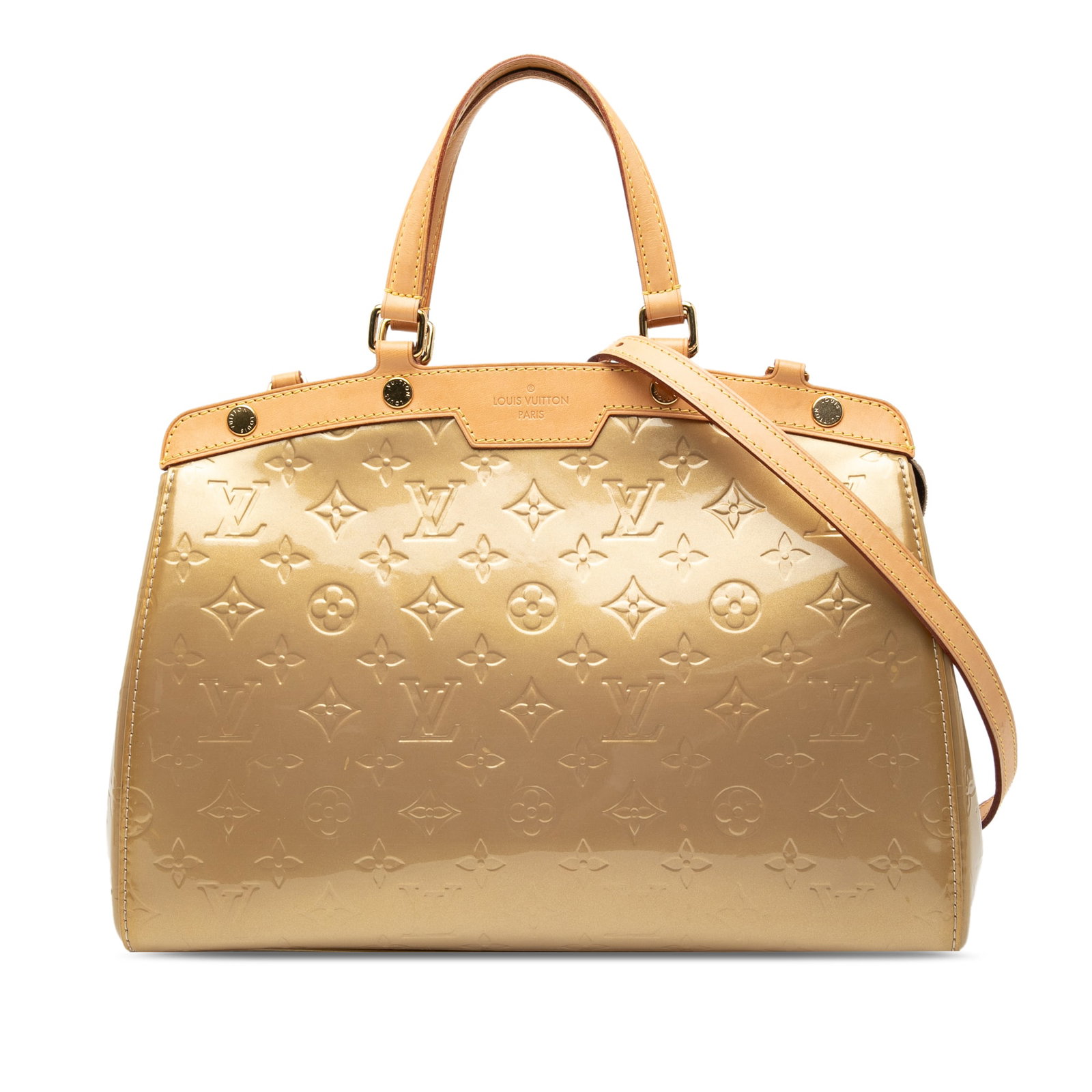 Louis Vuitton Brea MM Gold Monogram Vernis Leather Shoulder Bag: Louis Vuitton Brea MM Gold Monogram Vernis Leather Shoulder Bag The Louis Vuitton Monogram Vernis Brea MM features a gold-colored monogram vernis leather body, complemented by flat vachetta leather ha