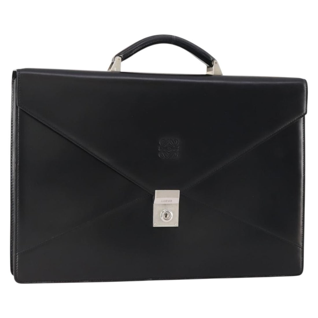 LOEWE Black Leather Anagram Business Bag Spain: LOEWE Black Leather Anagram Business Bag Spain This LOEWE Anagram business bag is crafted from black leather with silver-tone accents. Designed for women, it features a spacious interior and an elegan
