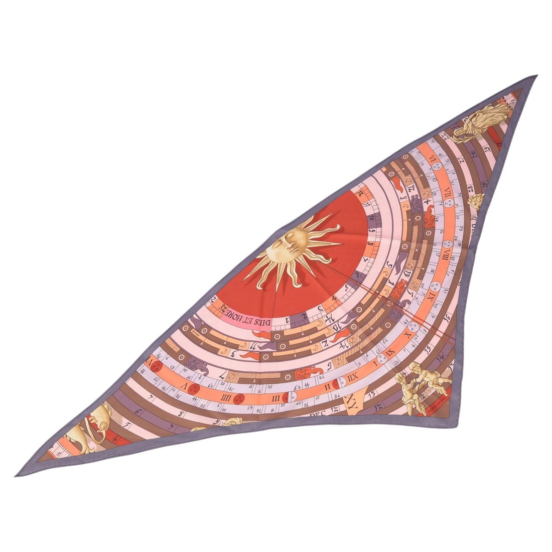 Dies et Hore Triangle Silk Scarf with Celestial Design by Hermes: Dies et Hore Triangle Silk Scarf with Celestial Design by Hermes Hermes triangle silk scarf in the "Dies et Hore" design, featuring a celestial astrological chart with a sun at its center in shades of