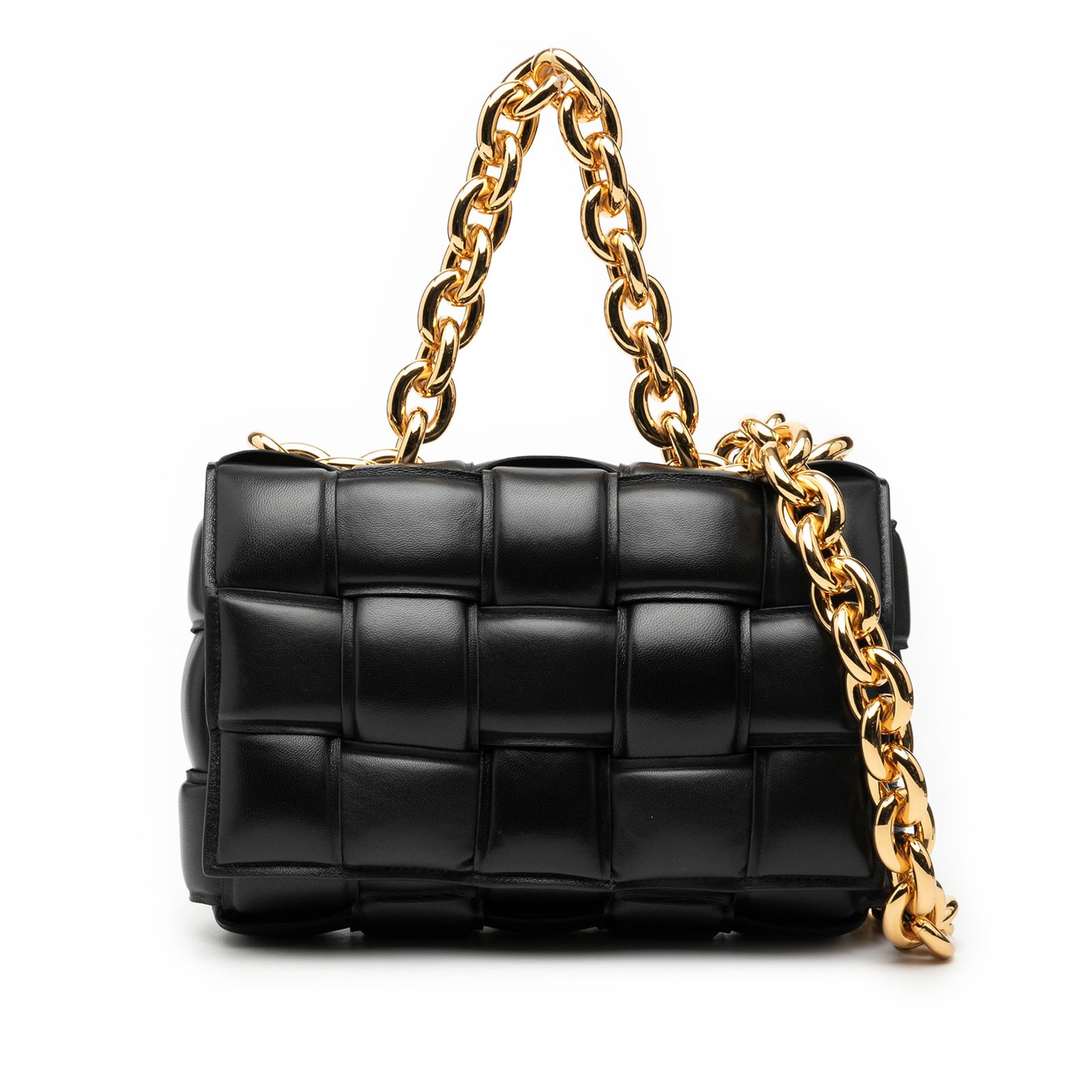 Black Leather Padded Cassette Bag with Chain by Bottega Veneta: Black Leather Padded Cassette Bag with Chain by Bottega Veneta This Bottega Veneta Padded Cassette satchel features a woven nappa leather body in black, accented with a chain link handle and strap. Th