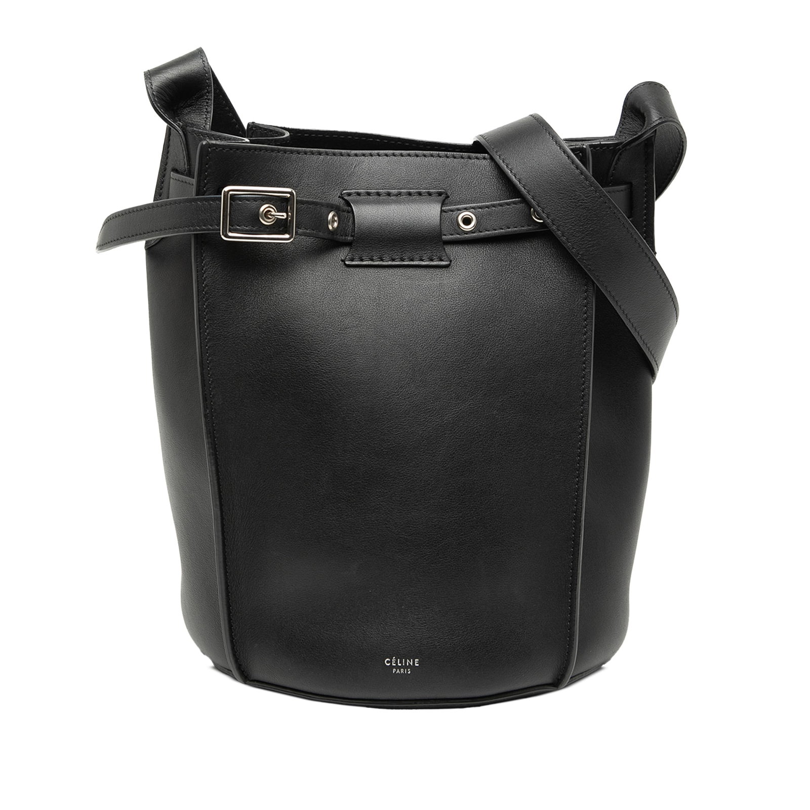 Celine Nano Big Bag Black Leather Bucket Crossbody with Shoulder Strap: Celine Nano Big Bag Black Leather Bucket Crossbody with Shoulder Strap This Celine Nano Leather Big Bag Bucket Crossbody features a black leather body with a rolled handle and a detachable, adjustable