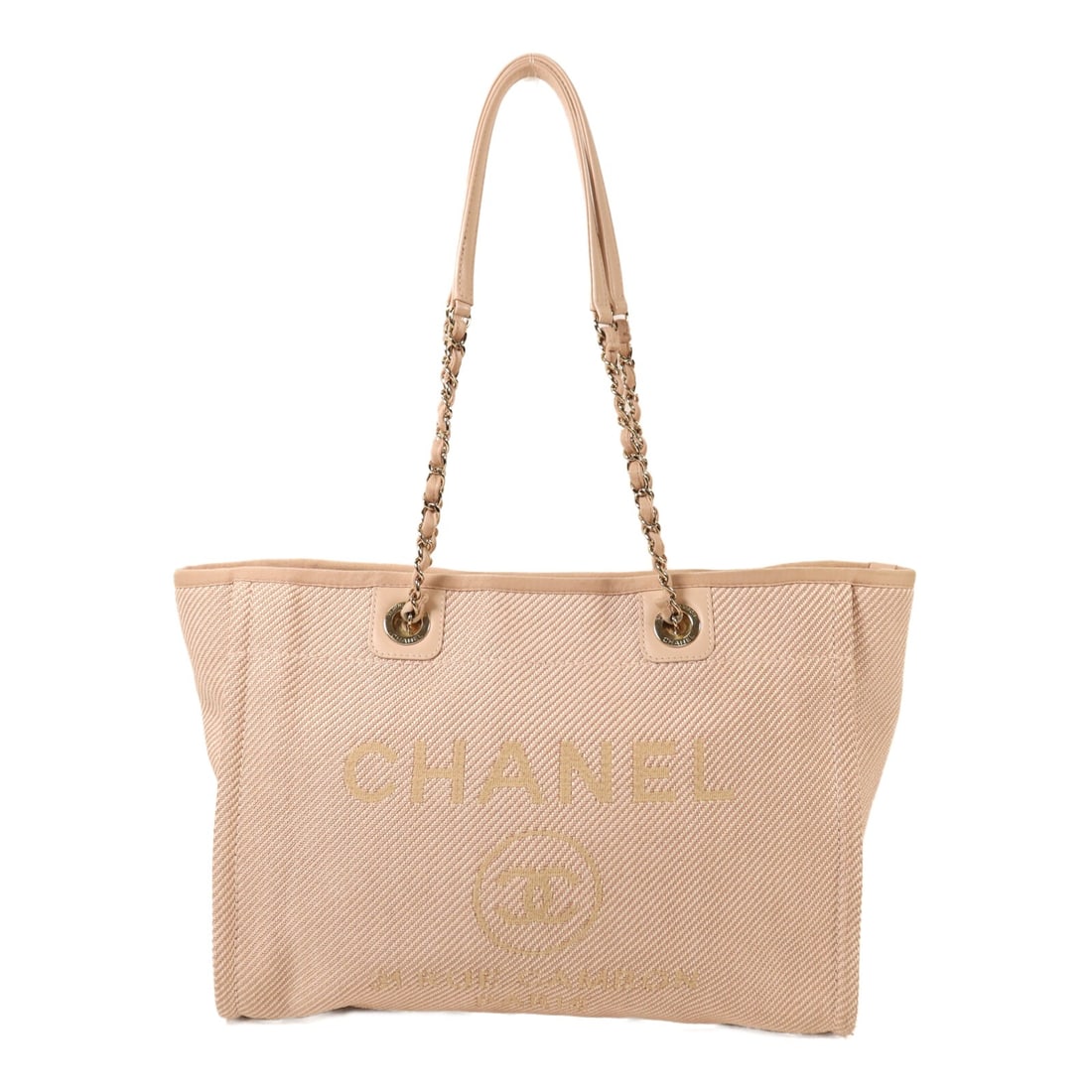 Chanel Deauville Pink Canvas Tote with Chain Handles and CC Logo: Chanel Deauville Pink Canvas Tote with Chain Handles and CC Logo This CHANEL Deauville tote bag features a pink canvas exterior with chain detailing and signature CC accents. Designed in a regular siz