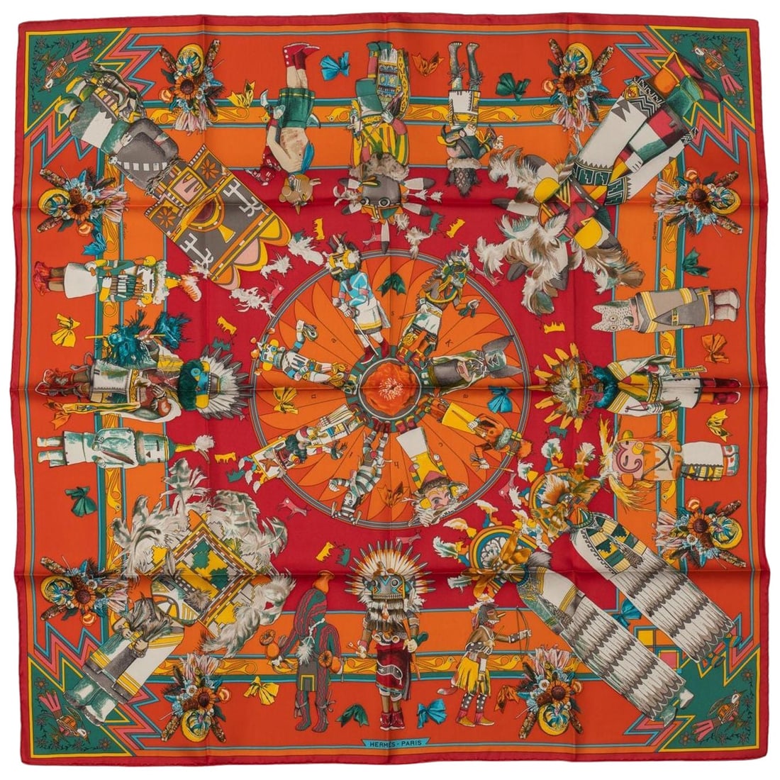 Hermes Kachinas Tribal Silk Scarf 35in by Oliver with Box: Hermes Kachinas Tribal Silk Scarf 35in by Oliver with Box Discover the elegance of this rare Hermes Kachinas Tribal Silk Scarf, expertly crafted from 100% silk twill. Designed by the renowned Oliver, 