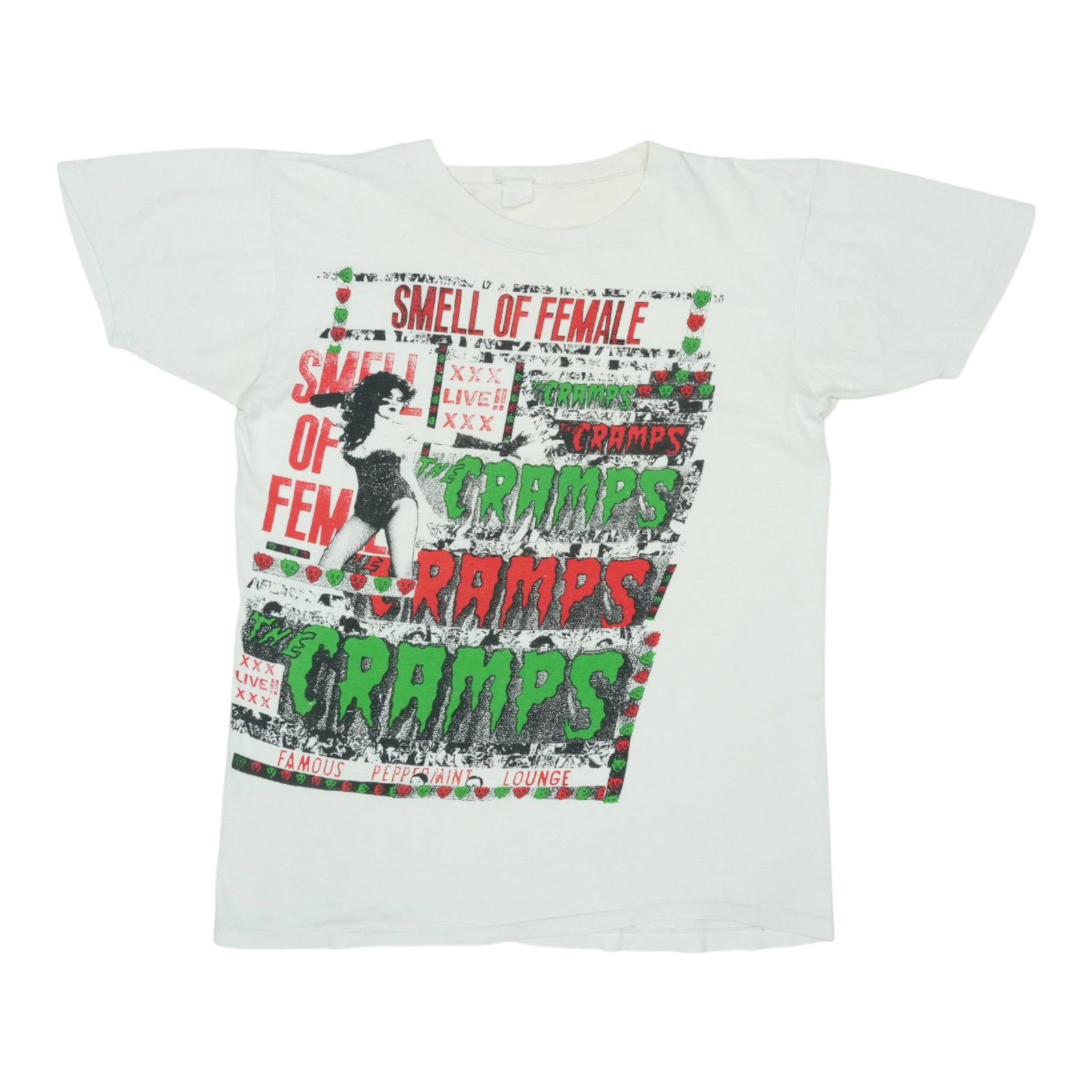 Vintage 1980s The Cramps Smell Of Female White Cotton T Shirt: Vintage 1980s The Cramps Smell Of Female White Cotton T Shirt This is an original vintage 1980s The Cramps Smell Of Female shirt. It features white 100% cotton fabric with no back graphics. The shirt 