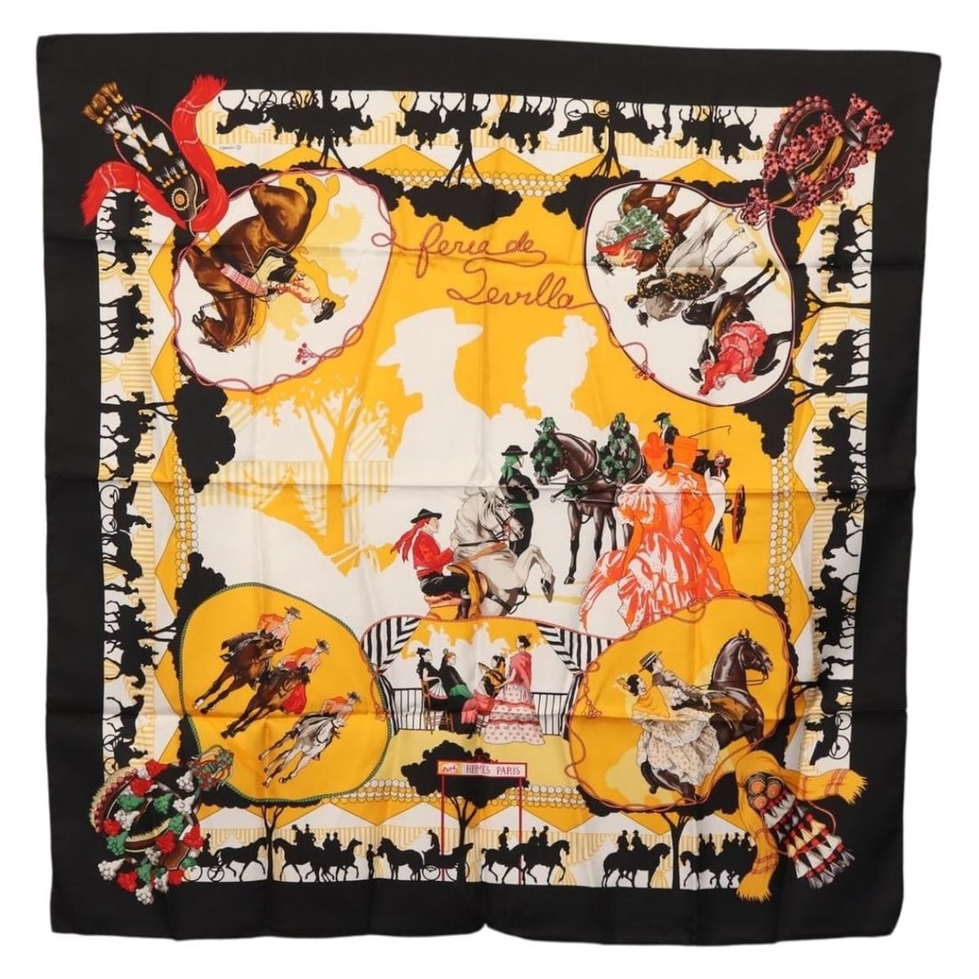 Feria de Sevilla Silk Scarf by Hermes 35.4 Inch Black Square: Feria de Sevilla Silk Scarf by Hermes 35.4 Inch Black Square This Hermes Carre 90 "Feria de Sevilla" scarf is crafted from luxurious silk in black. Designed for women, it is made in France and measure