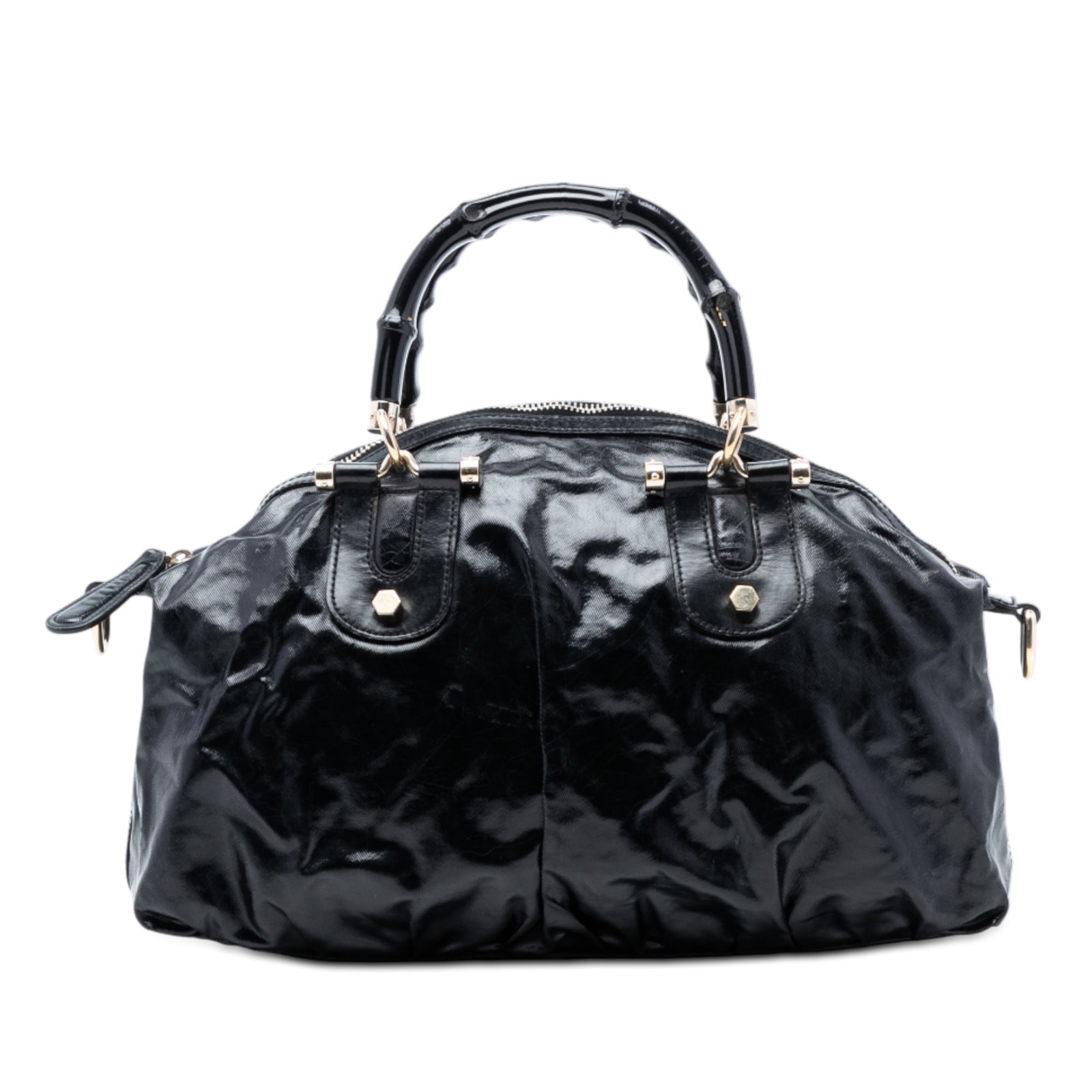 Gucci Bamboo Handle Dialux Pop Coated Canvas Satchel Bag Black: Gucci Bamboo Handle Dialux Pop Coated Canvas Satchel Bag Black This Gucci Coated Canvas Bamboo Dialux Pop Satchel features a durable coated canvas body, signature bamboo handles, a top zip closure, an