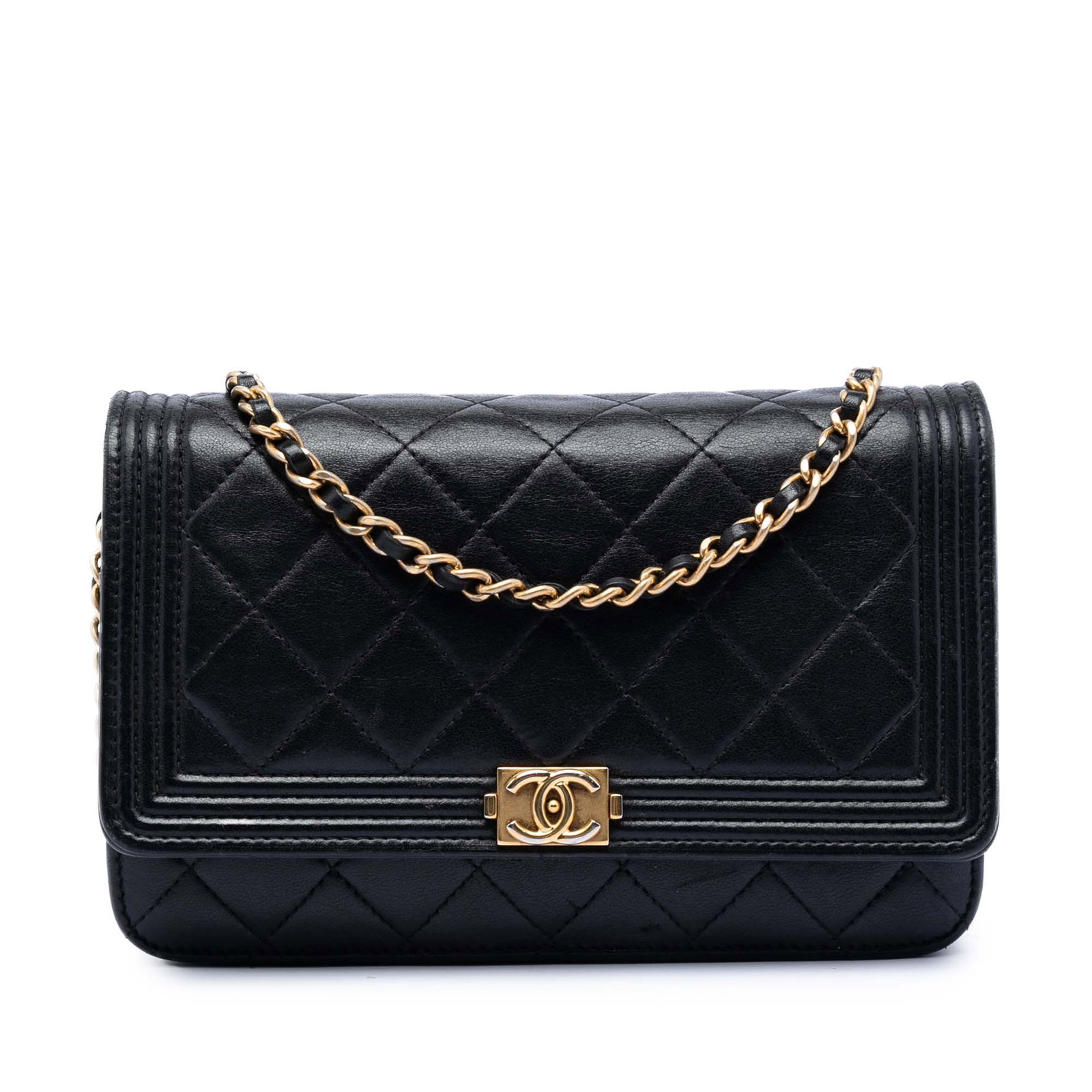 Chanel Boy Black Quilted Lambskin Wallet On Chain Shoulder Bag: Chanel Boy Black Quilted Lambskin Wallet On Chain Shoulder Bag This Chanel Boy Wallet on Chain features a black quilted lambskin leather exterior with a leather-woven chain link strap. The design incl