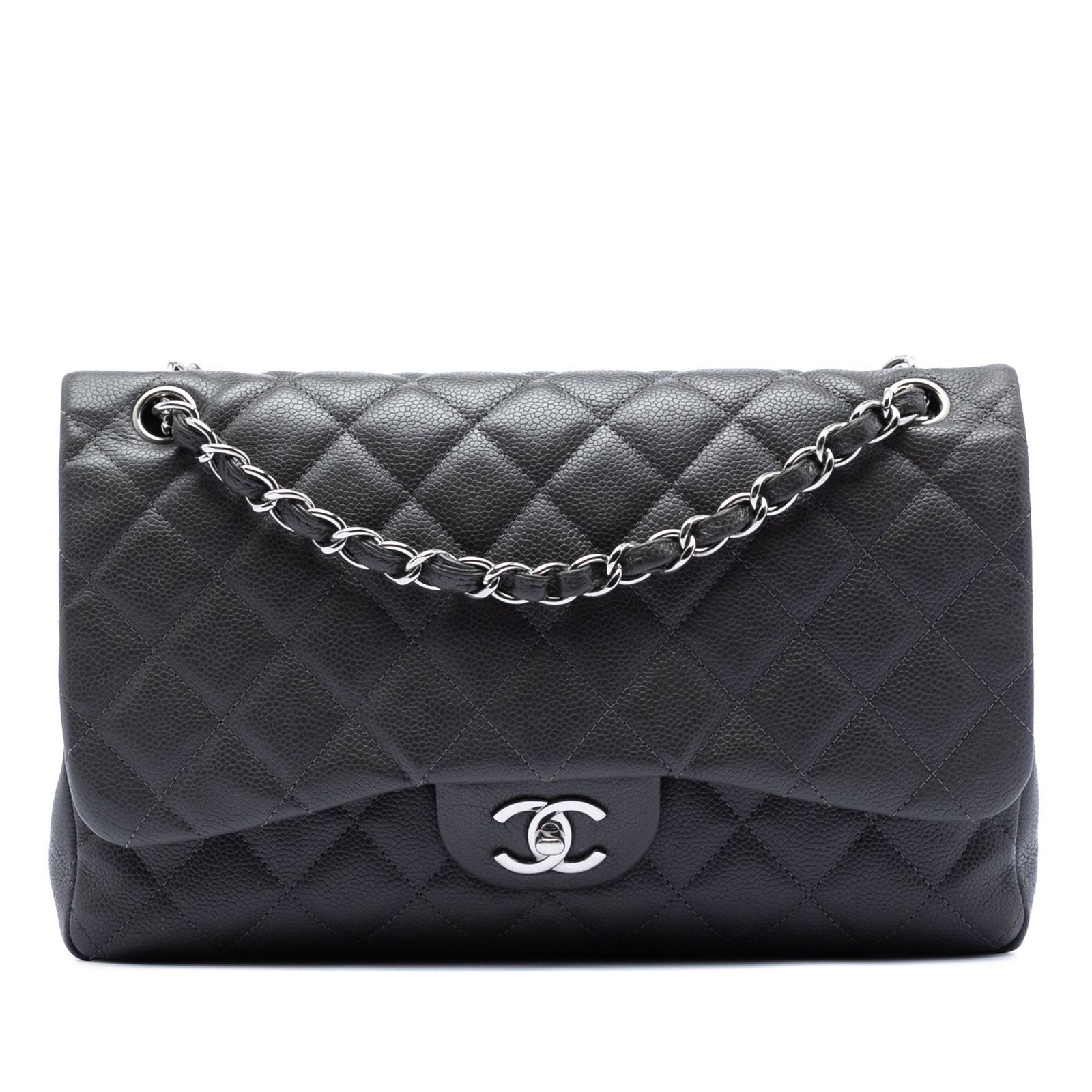 Chanel Black Caviar Leather Jumbo Double Flap Shoulder Bag: Chanel Black Caviar Leather Jumbo Double Flap Shoulder Bag This Chanel Jumbo Classic Caviar Double Flap shoulder bag features a quilted caviar leather body in black, complemented by leather woven chai