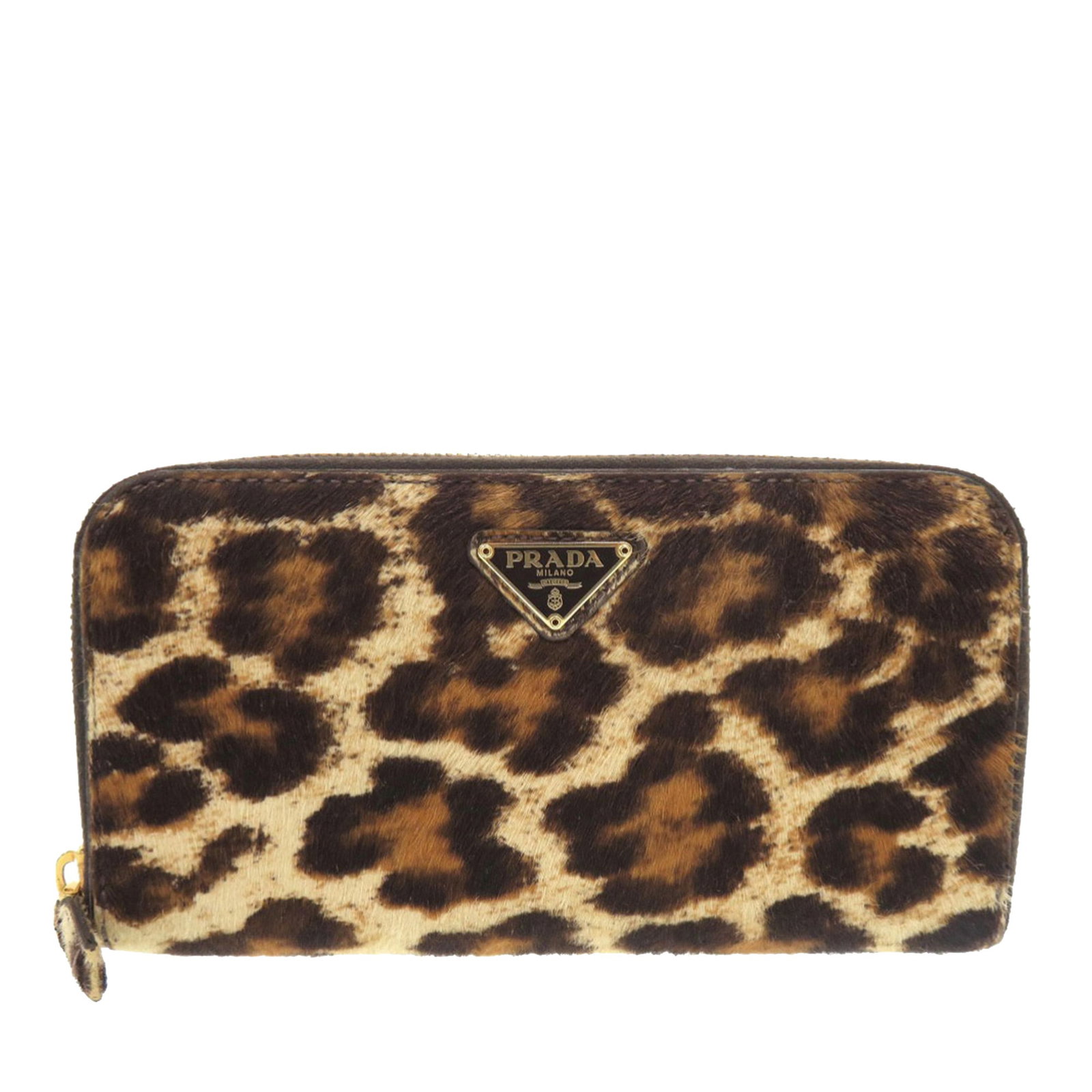Prada Leopard Pattern Pony Hair Long Zip Wallet: Prada Leopard Pattern Pony Hair Long Zip Wallet This Prada long wallet features a beige pony hair body with a striking leopard print design. It is equipped with a zip around closure and includes inter